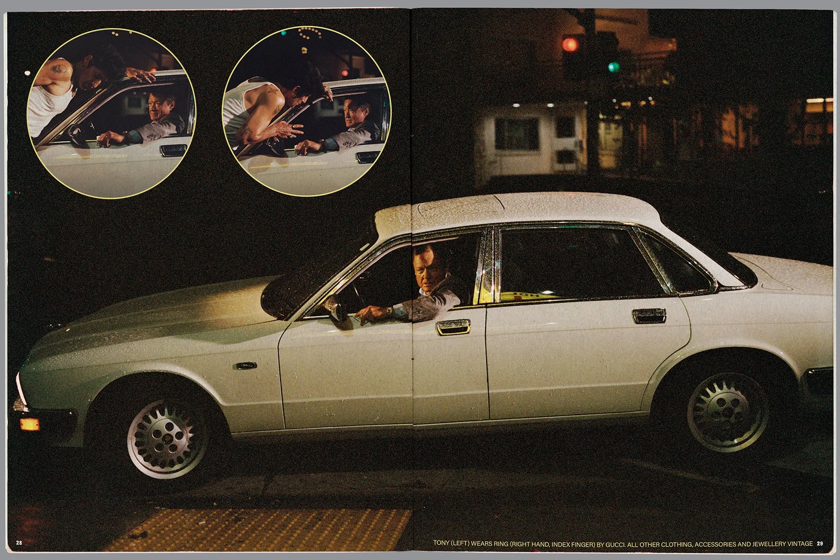 A vintage white car parked at night, with a man inside looking out the window. Two inset images show the same man leaning into the car, interacting with a woman who's in the driver's seat, both appearing to share a close moment.