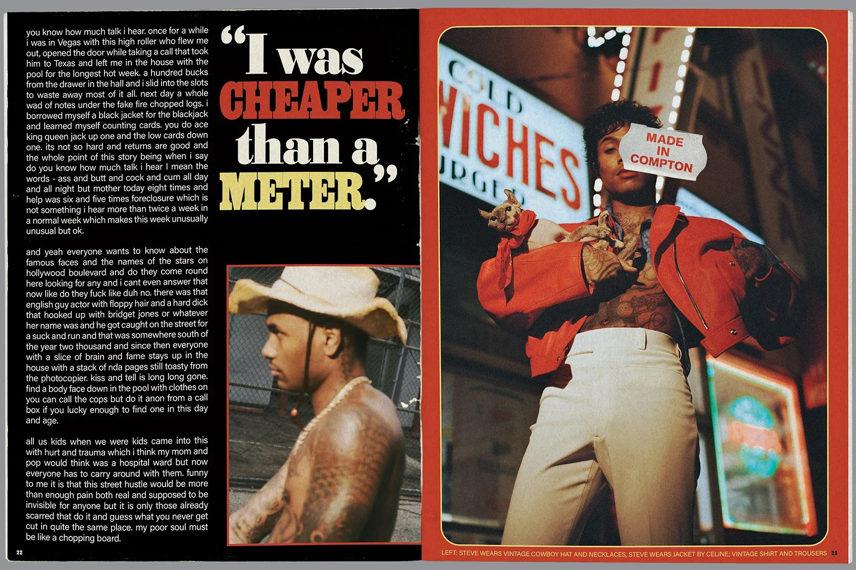 Left side of the image contains a text passage with a quote in large font: "I was CHEAPER than a METER." It also features a photo of a young man with dark curly hair, wearing a red jacket, beige trousers, and carrying a Chihuahua dog in his arms, wit