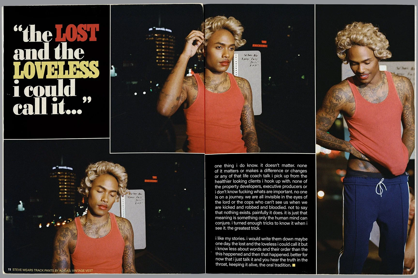 A magazine spread featuring a young person with tattoos, blonde curly hair, and wearing a red tank top and blue sweatpants, with city lights in the background. The left page has a quote in bold text, and the right page contains a photo of the person 