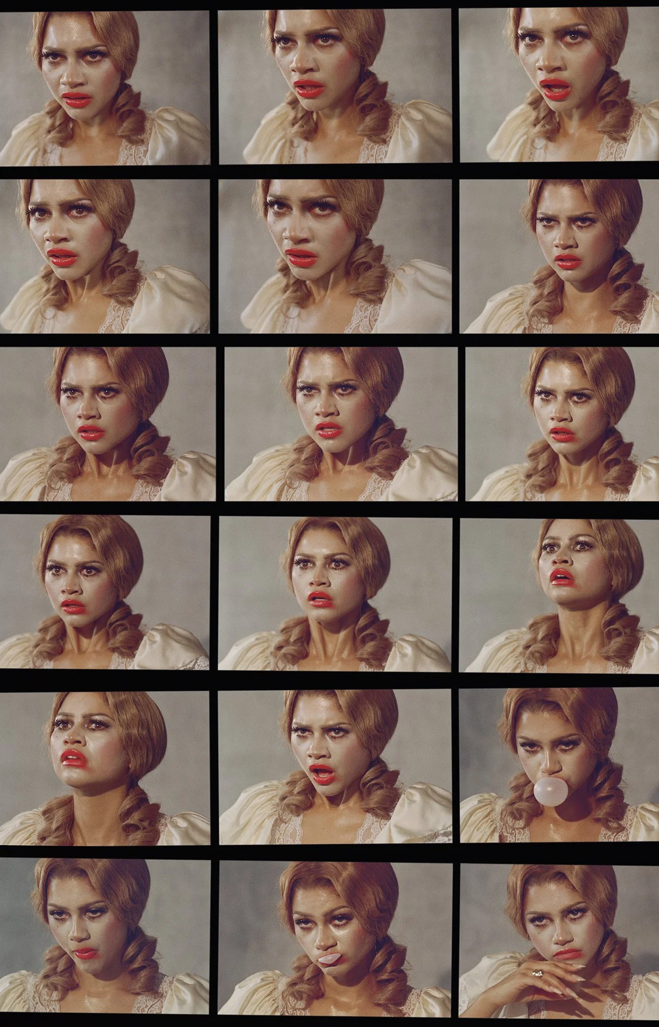 A collage of 15 frames showing a woman with red hair in a beige outfit, displaying various facial expressions ranging from confusion to surprise, with one frame showing her blowing a bubble gum bubble.