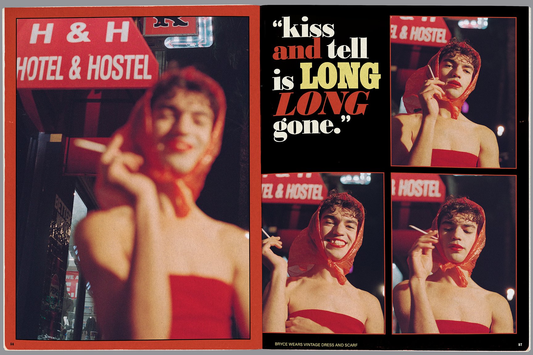Two pages from a magazine. The left page shows a blurry photo of a person with short curly hair, wearing a red strapless dress, standing outside a hotel & hostel. The right page has a black background with text that reads, 'kiss and tell is long long