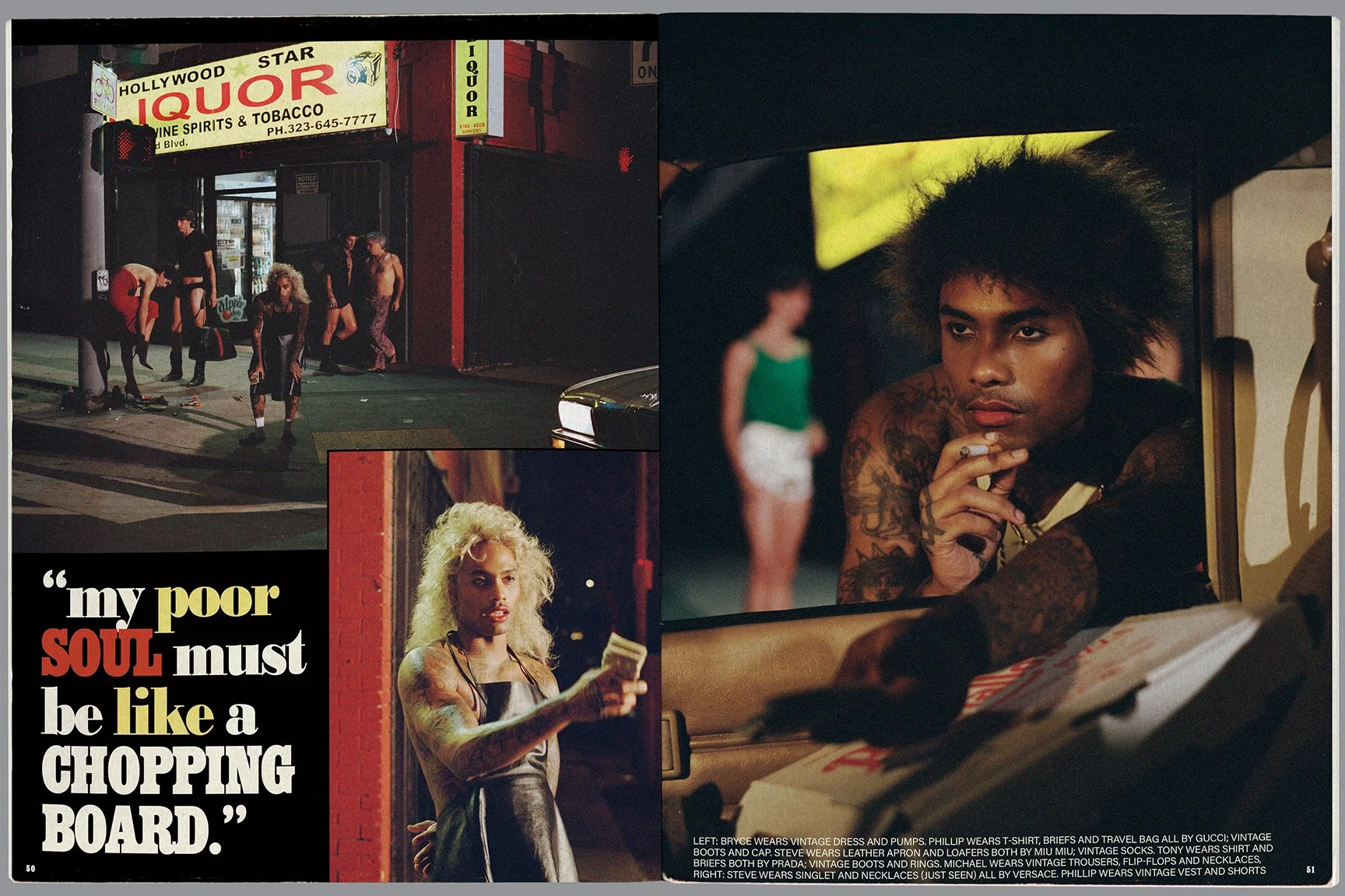 A collage of three photos: the top left shows a group of people outside a liquor store, the bottom left features a woman holding cash against a brick wall with a quote about the soul, and the right side shows a man with tattoos and frizzy hair inside
