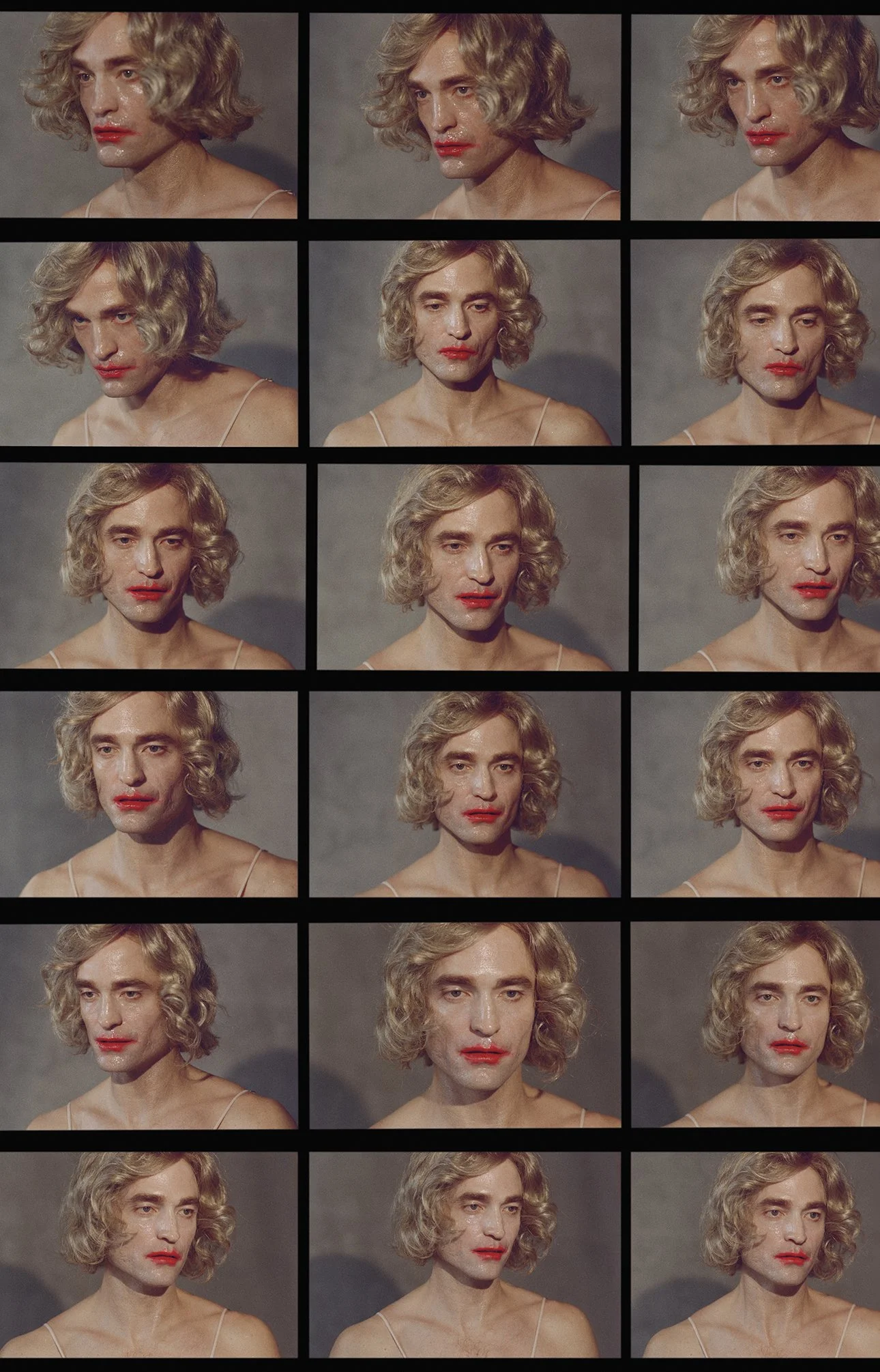 A collage of 16 images showing the same person with changing facial expressions and makeup, wearing a light-colored spaghetti strap top against a plain background.