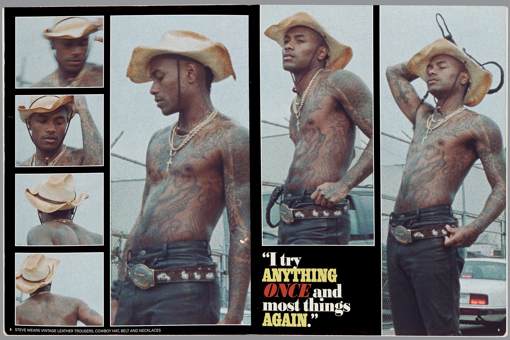 A collage of photos of a shirtless man with tattoos wearing a cowboy hat, leather trousers, a belt, and necklaces, standing outdoors against a chain-link fence and parked cars. The collage includes a quote: "I try anything once and most things again.