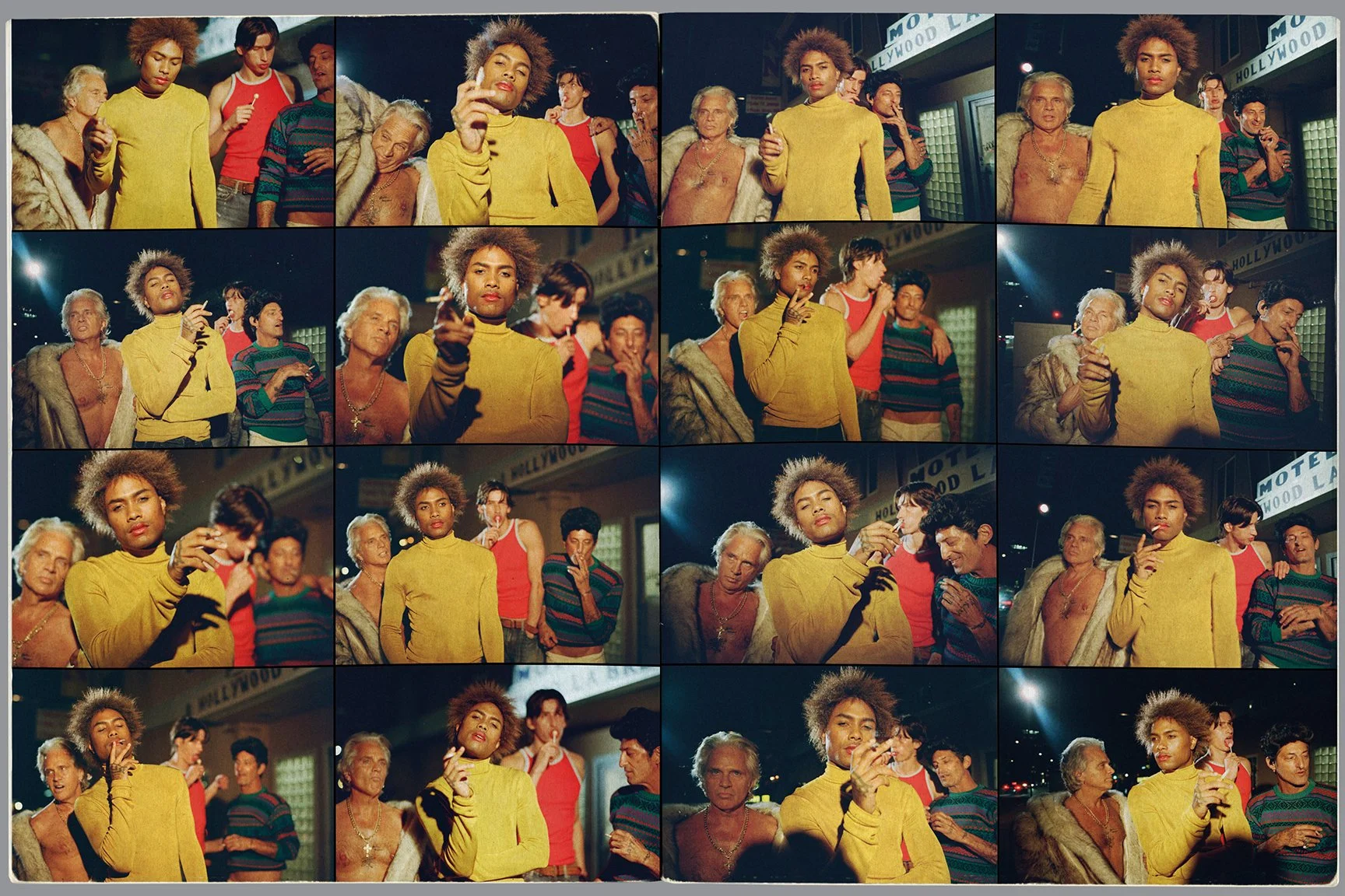 Collage of scenes with a young woman in a yellow turtleneck at night in a city with a sign that reads 'MOTEL HOLLYWOOD', surrounded by other diverse people, some looking serious, some smoking or holding a cigarette.