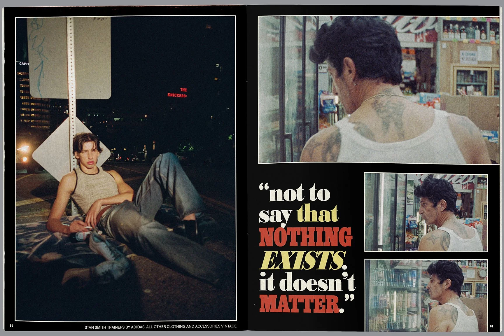 A young person with short hair and tattoos on their back, wearing a white tank top, is seen in a convenience store or bookstore, looking at products on shelves. There is a quote in bold text next to the images that reads, "not to say that nothing exi