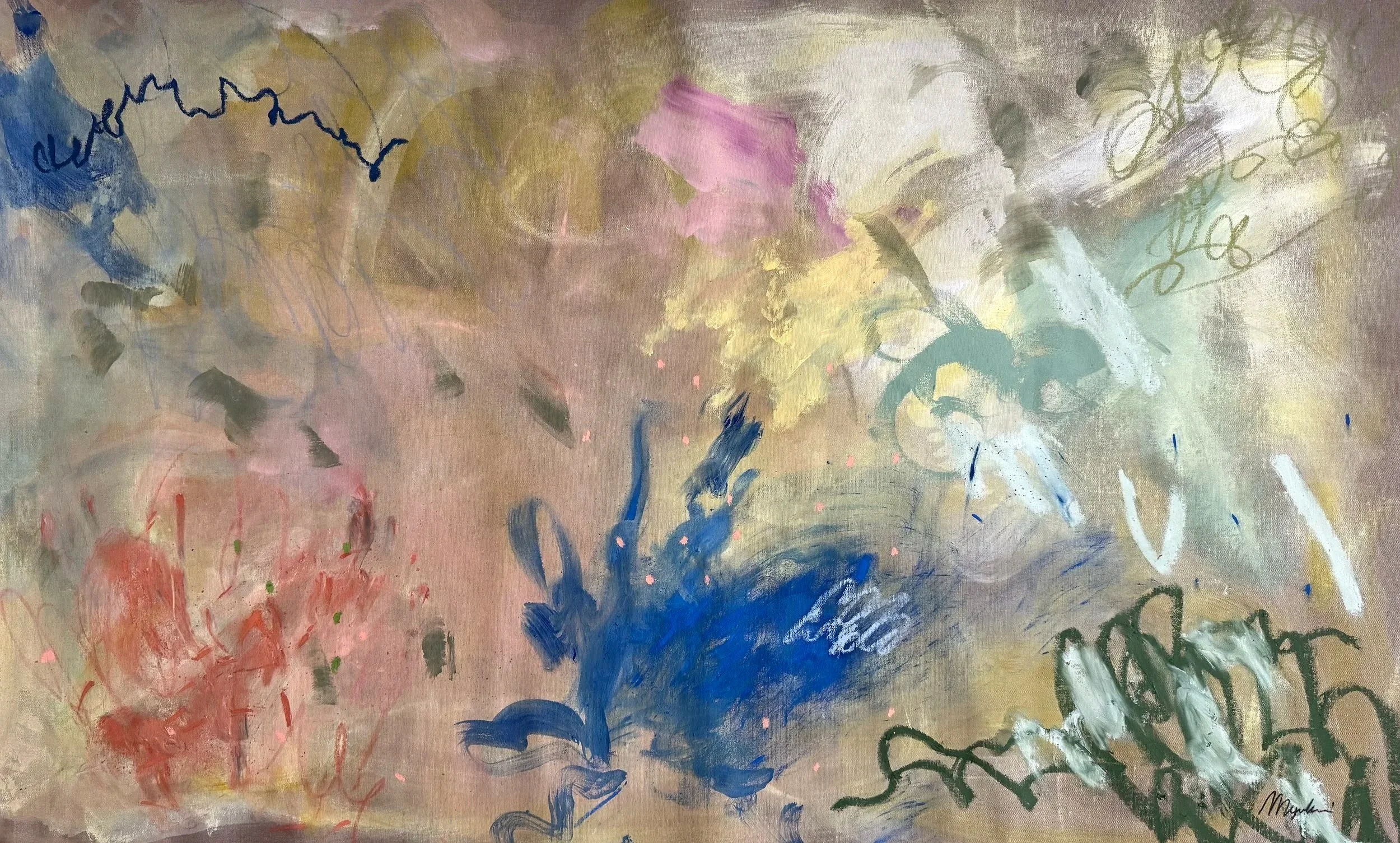 Expirare I, ochre and cobalt blue abstract painting by Margarida Nobre, shown in a living room