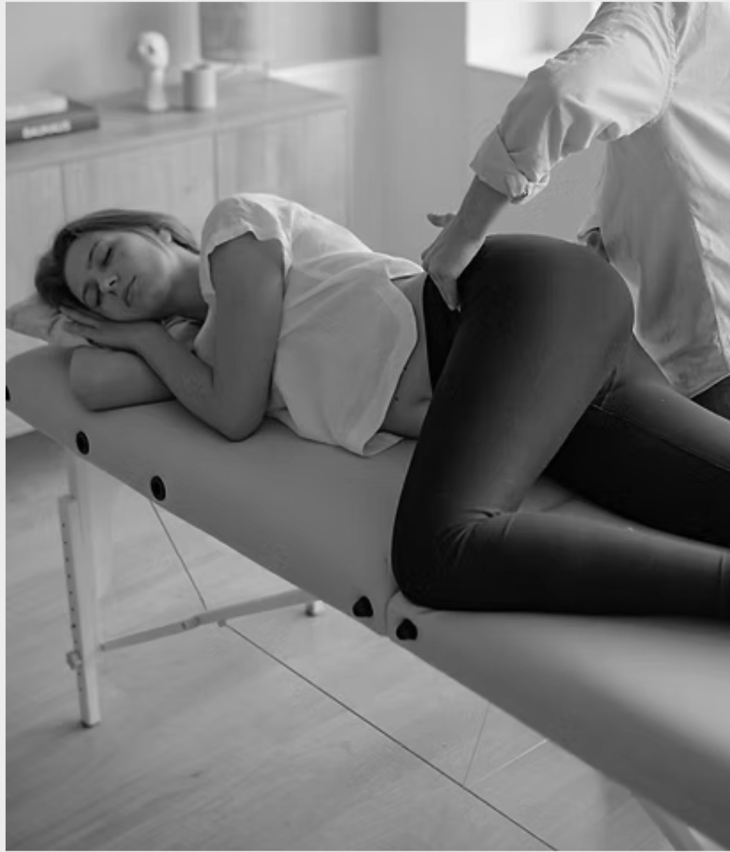 A woman lying on her side on a medical examination table, with a person outside the frame performing a chiropractic adjustment. The woman has her eyes closed and appears relaxed. The setting looks like a medical or therapy room.