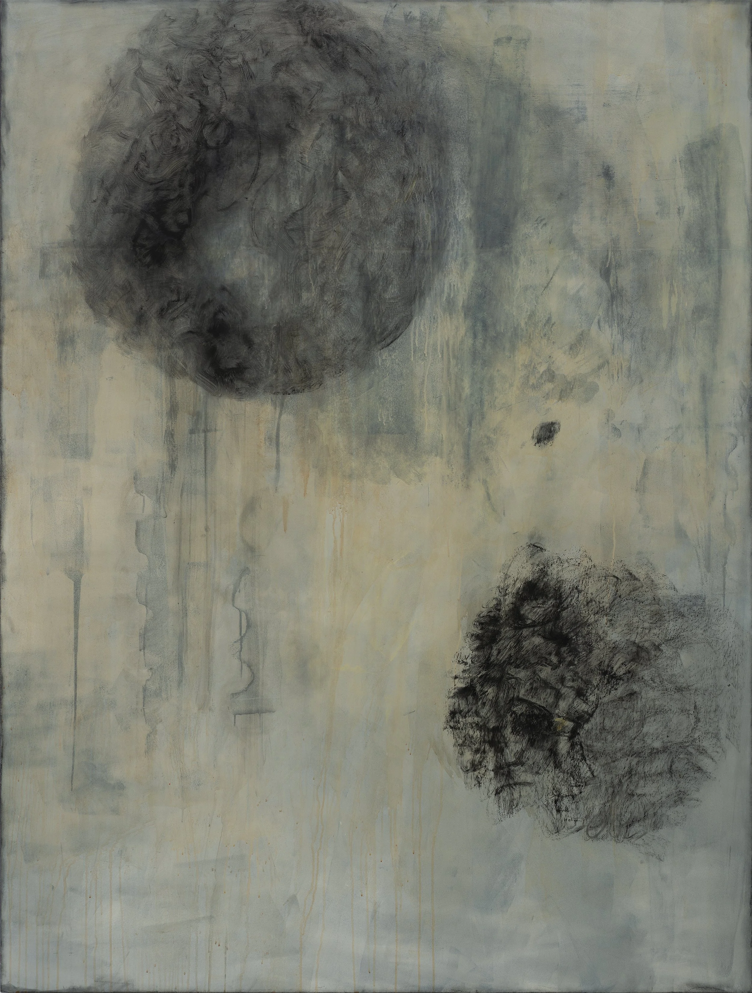 Held Between, an 80 × 60 inch mixed-media painting by Bay Area artist Cathryn Lynea. Layered abstraction in graphite, charcoal, acrylic, and collage explores identity, transformation, and emotional tension.