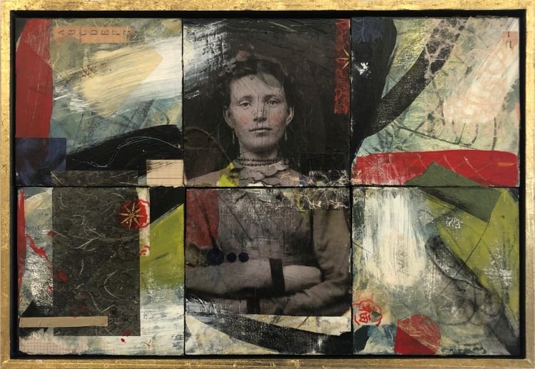 Émigré, a mixed-media painting by Bay Area artist Cathryn Lynea selected for the 2023 de Young Open. The work explores legacy, identity, and belonging through layered abstraction and collage.