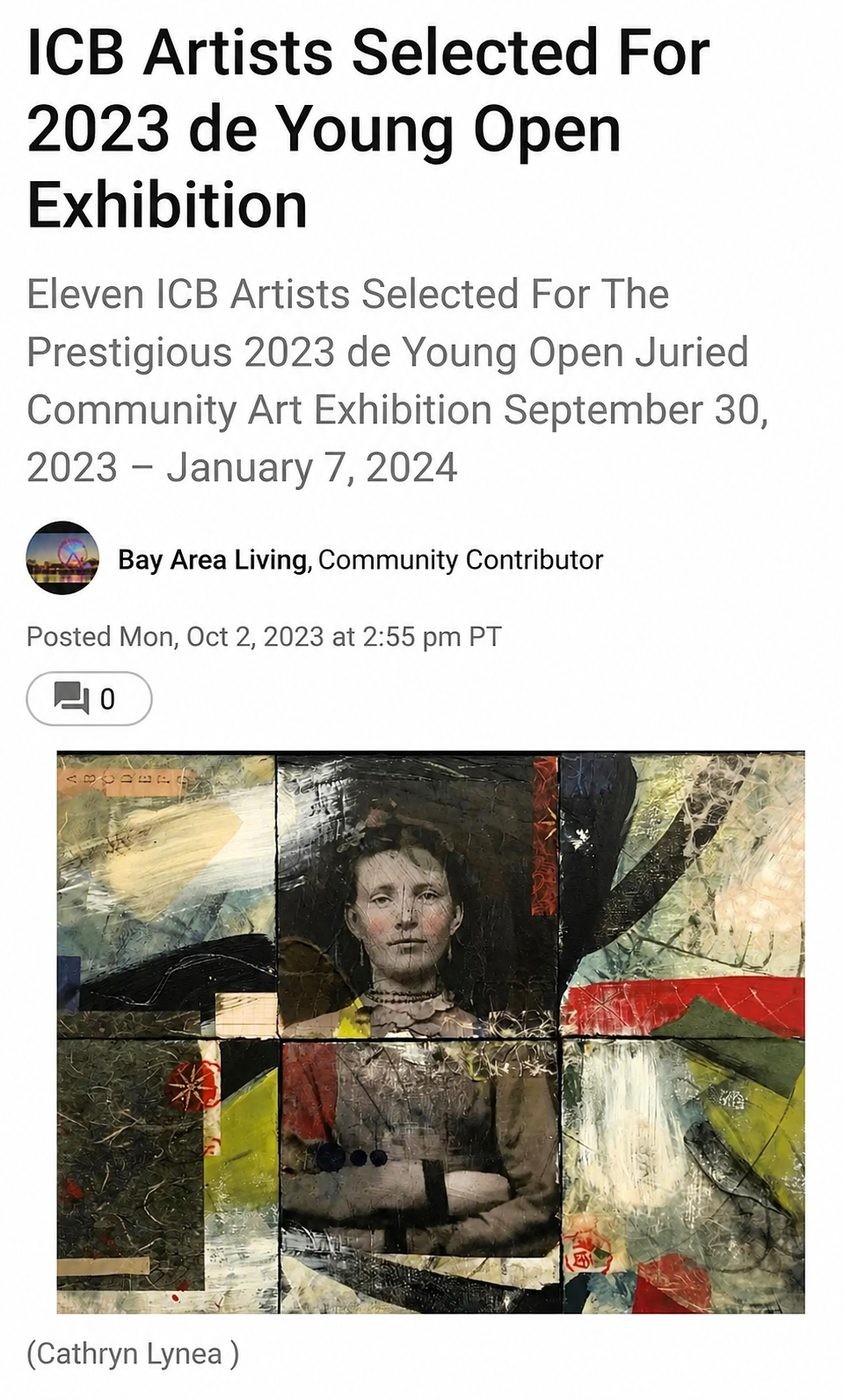 Patch article featuring Cathryn Lynea and her painting Émigré after its selection for the 2023 de Young Open at the de Young Museum.
