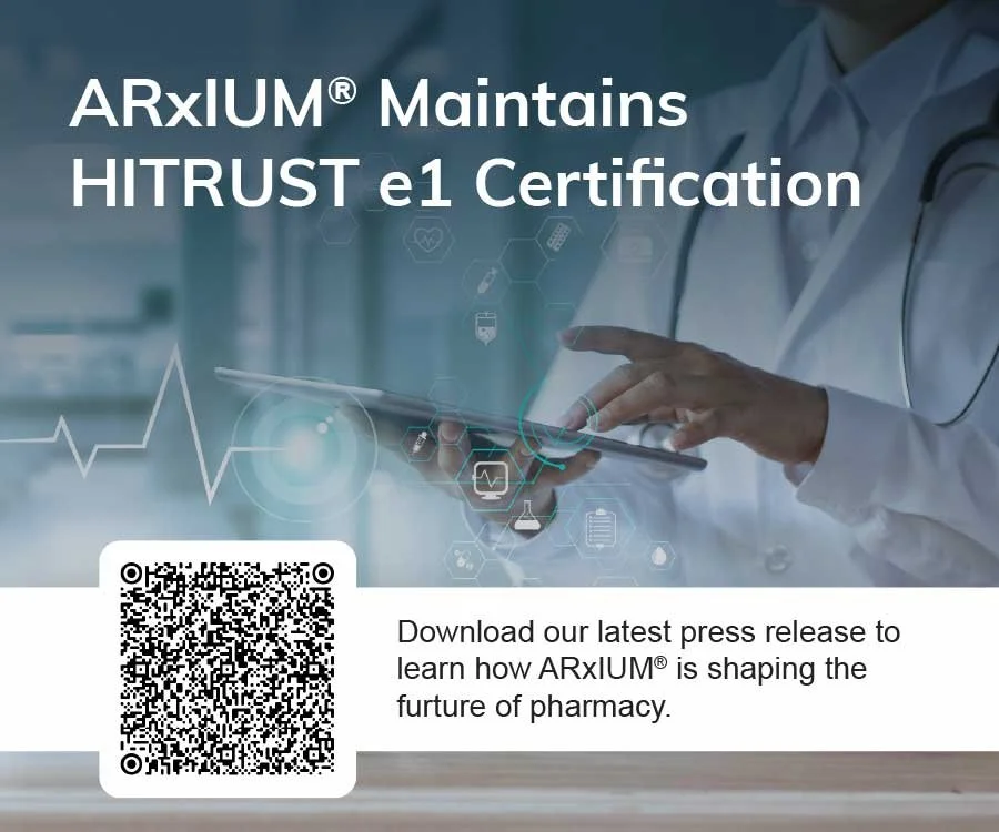 Healthcare professional monitoring secure digital pharmacy operations through connected technology systems and data dashboards.