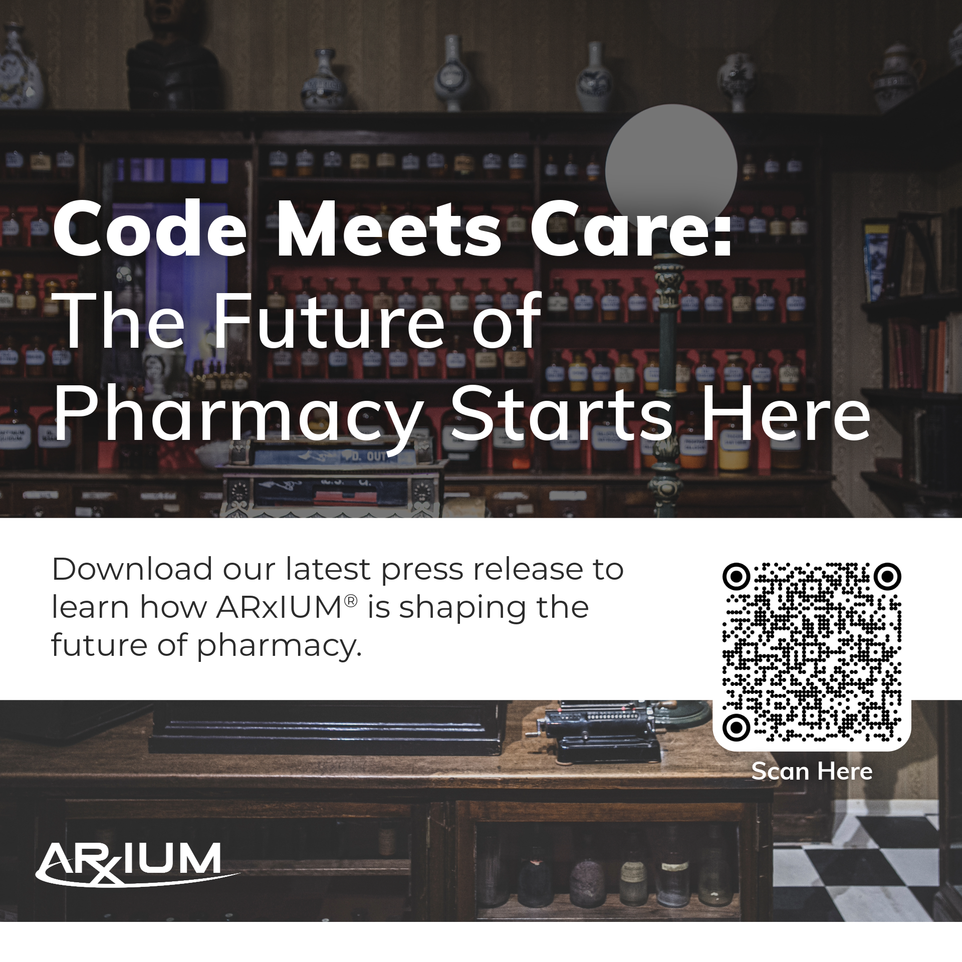 A vintage pharmacy interior with shelves of medicine bottles, a cash register, and a QR code for more information.