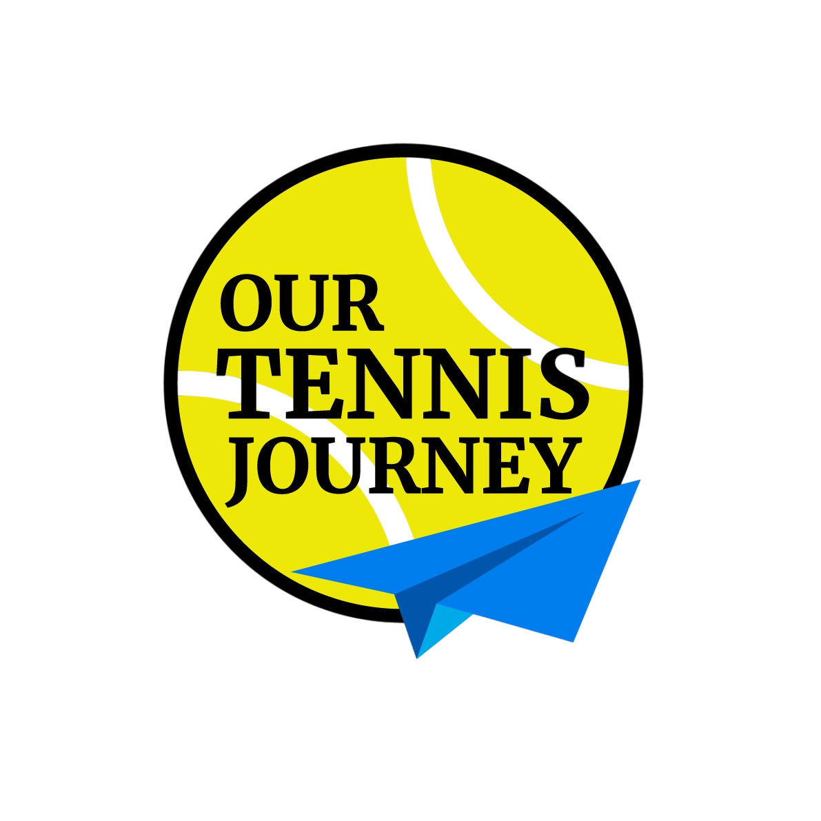 Logo for Our Tennis Journey featuring a yellow tennis ball with black lines, black text, and a blue paper airplane at the bottom.