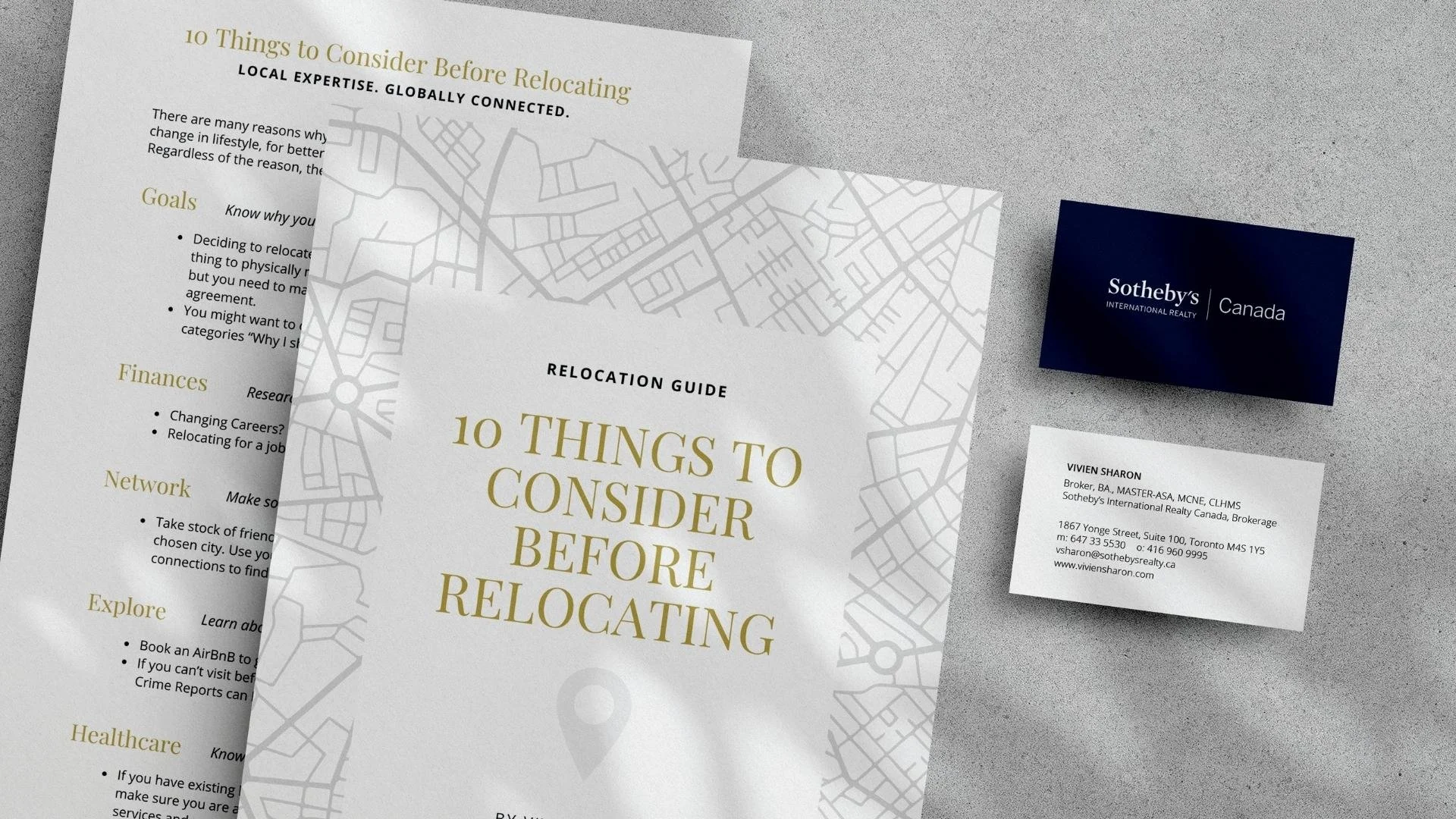 A booklet titled "10 Things to Consider Before Relocating" with a map outline on the cover, alongside a business card for Vivien Sharon, a real estate broker, and a Sotheby's International Realty card.