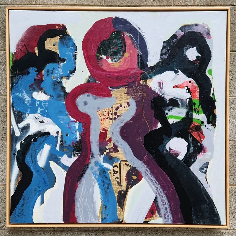 Abstract colorful painting with fluid shapes and bold brushstrokes in red, black, blue, purple, green, and gold on canvas.