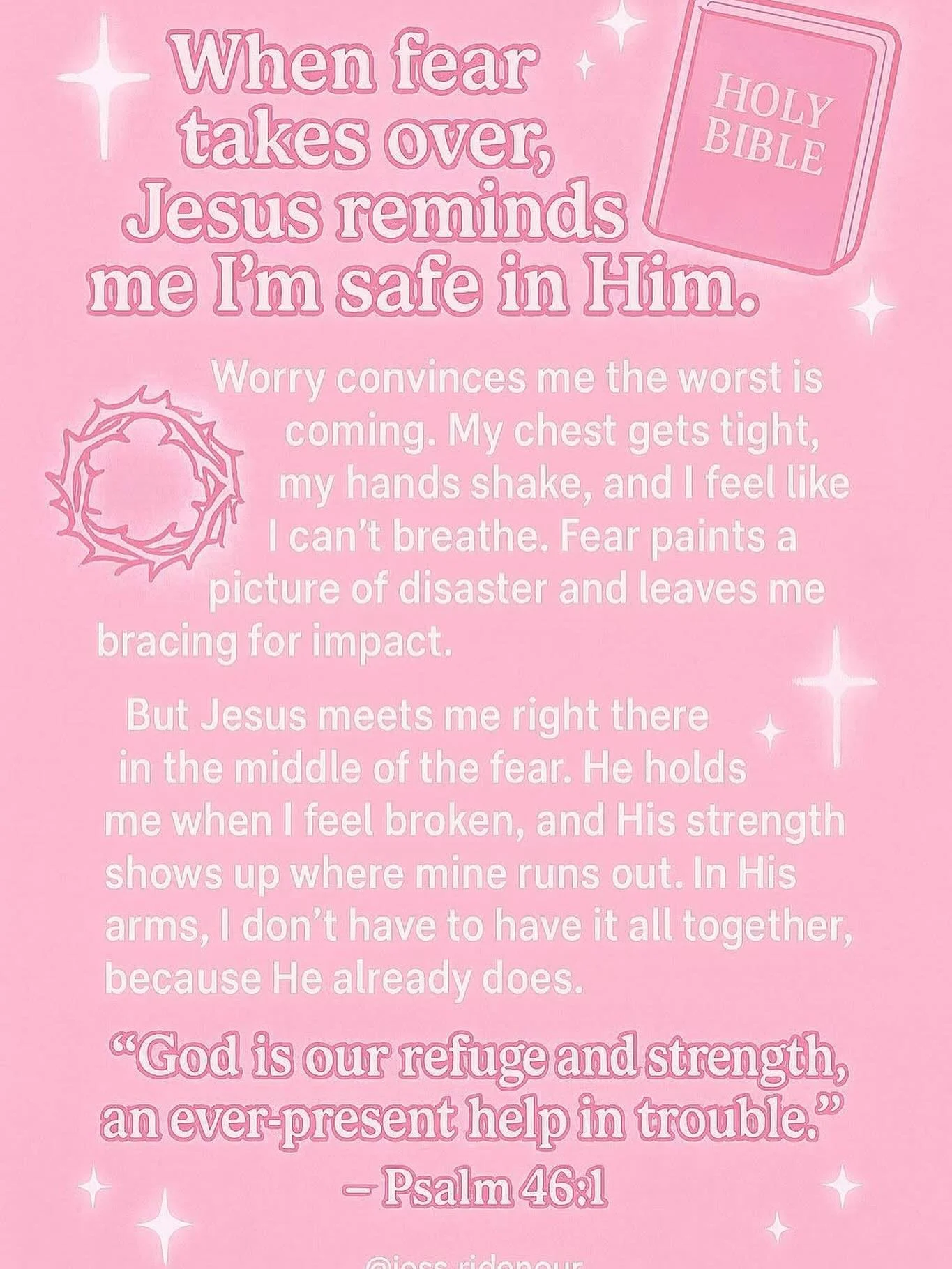 Fear whispers lies, but Jesus speaks peace. 🕊️
When anxiety grips your heart and the &ldquo;what ifs&rdquo; feel overwhelming, remember this truth: you are safe in Him.

He meets you in the middle of your worry. He strengthens you when your strength