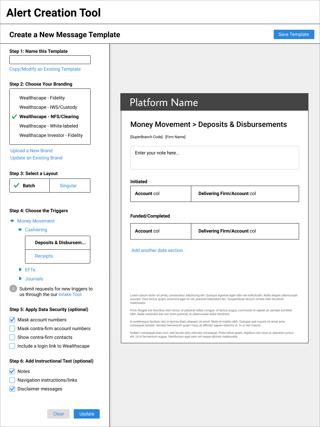 A wireframe of the Alert Creation Tool from the original proposal that won $15,000