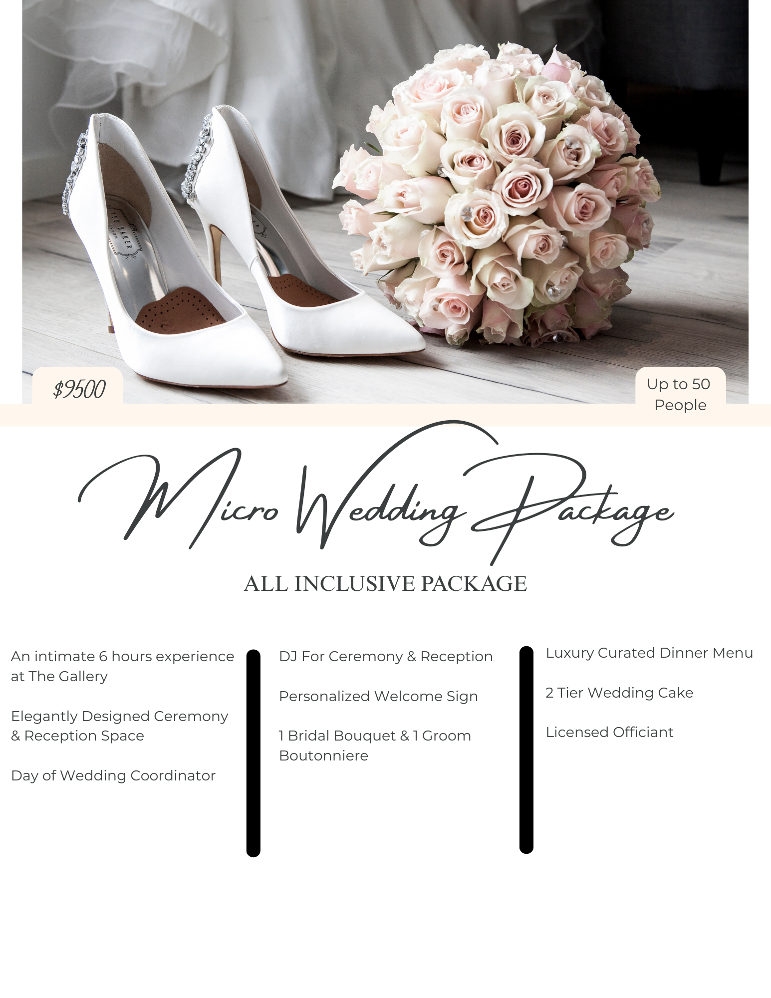 Photo of a pair of white high-heeled wedding shoes with jewel embellishments on the back, placed next to a bouquet of pale pink roses, with a wedding package advertisement below.