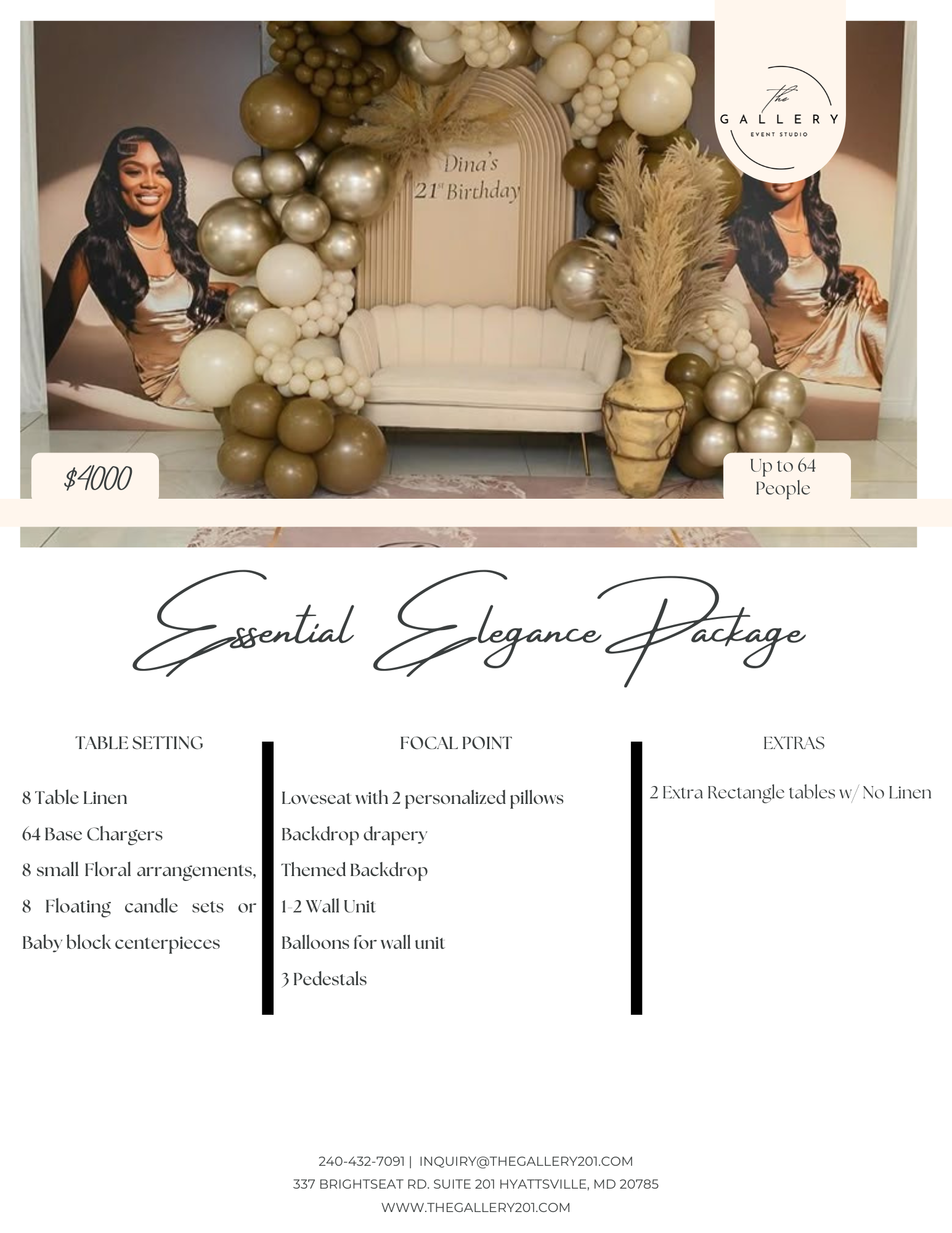 Elegant birthday event setup with a white loveseat, gold and white balloons, large pampas grass, and a large photo backdrop of a woman. The setup is for Dina's 21st birthday, with an event planning package priced at $4000, accommodating up to 64 people.