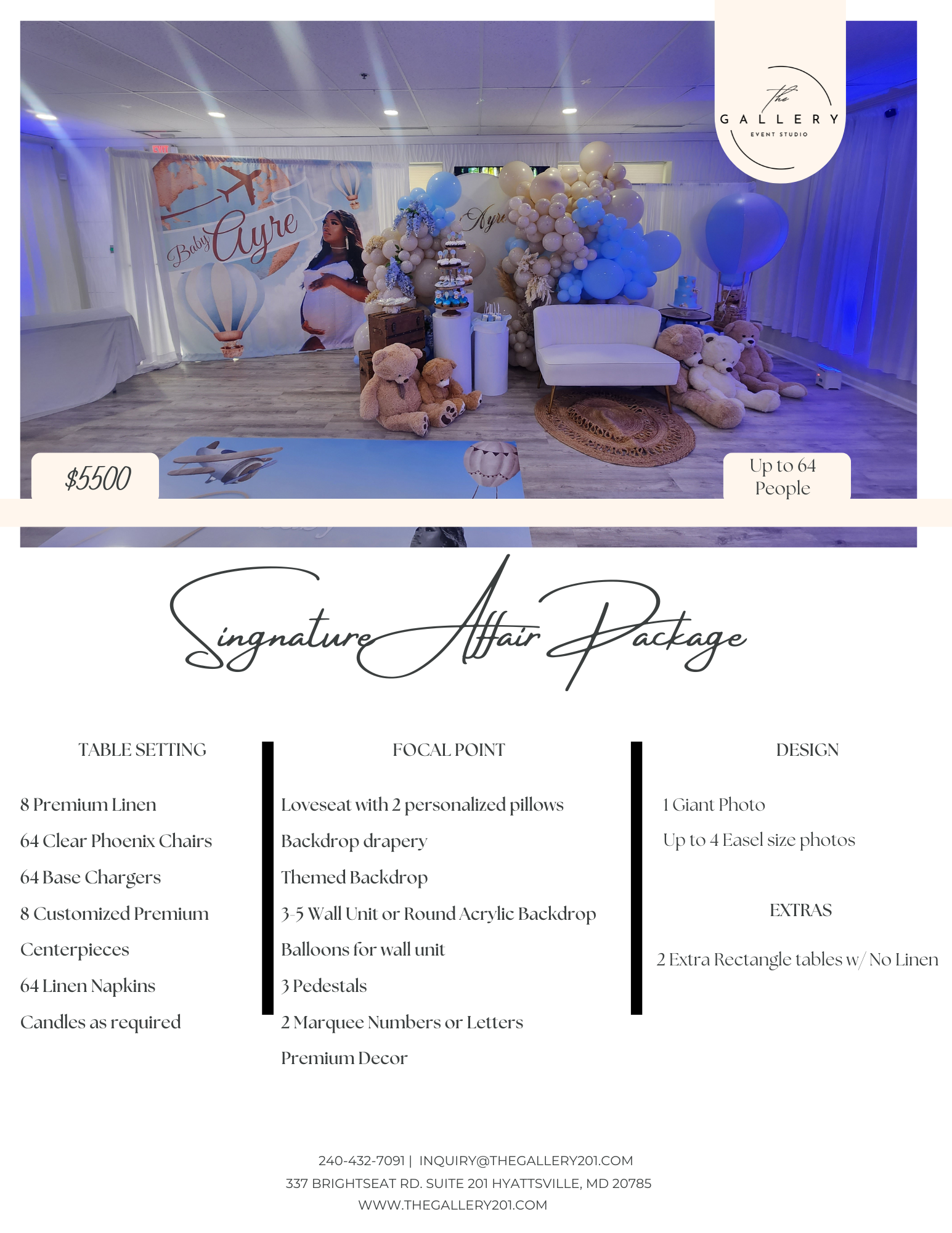 Decorative event setup for a baby shower with balloons, teddy bears, and a large banner with a pregnant woman, including a price of $5500 and capacity of up to 64 people.