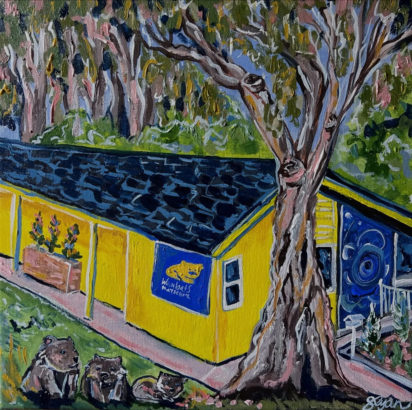 A special retirement gift for a lovely lady who was so devoted to her little yellow childcare centre! I painted this cute mini from Google maps and added 3 little cheeky wombats on the grass 💛