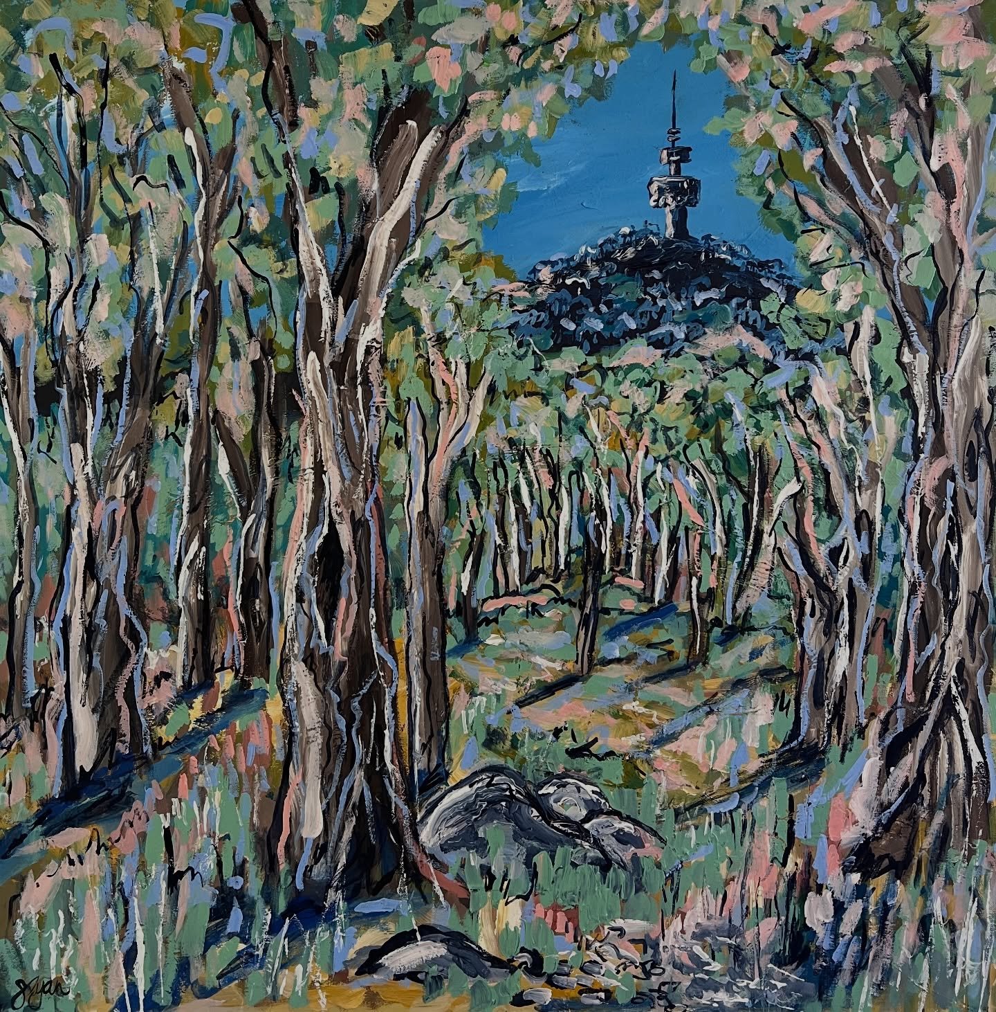 Aranda Bushland, one of my favourites in the show. This painting captures the Telstra Tower through the trees. The trees glitter with colour representing dappled light and movement. The use of blue shadows create a sense of coolness underfoot, while 