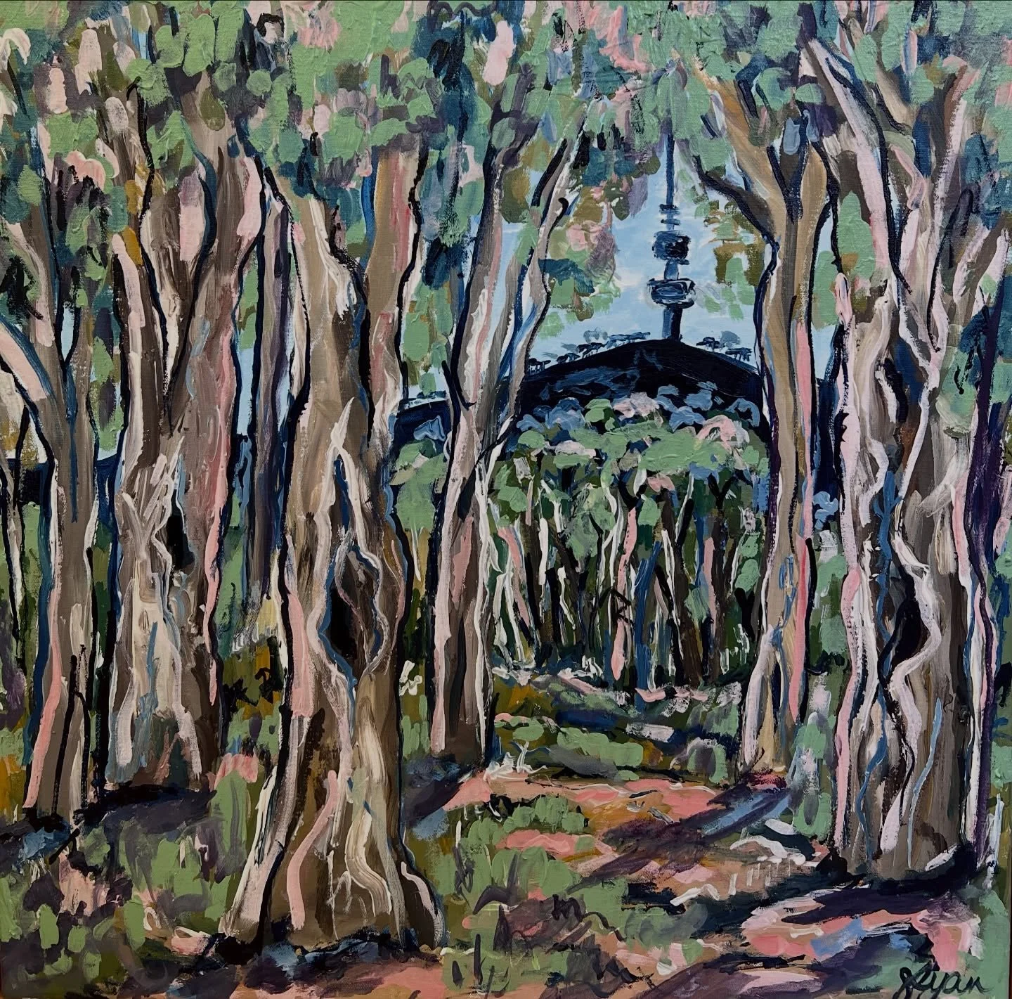 Sold 🔴 
Peering through the scrub of Aranda Bushland, to find Black Mountain and the Telstra Tower perfectly framed by the trees. This painting explores loose brushstrokes, in greens, with blue shadows, and highlights of pink. After the rain all the