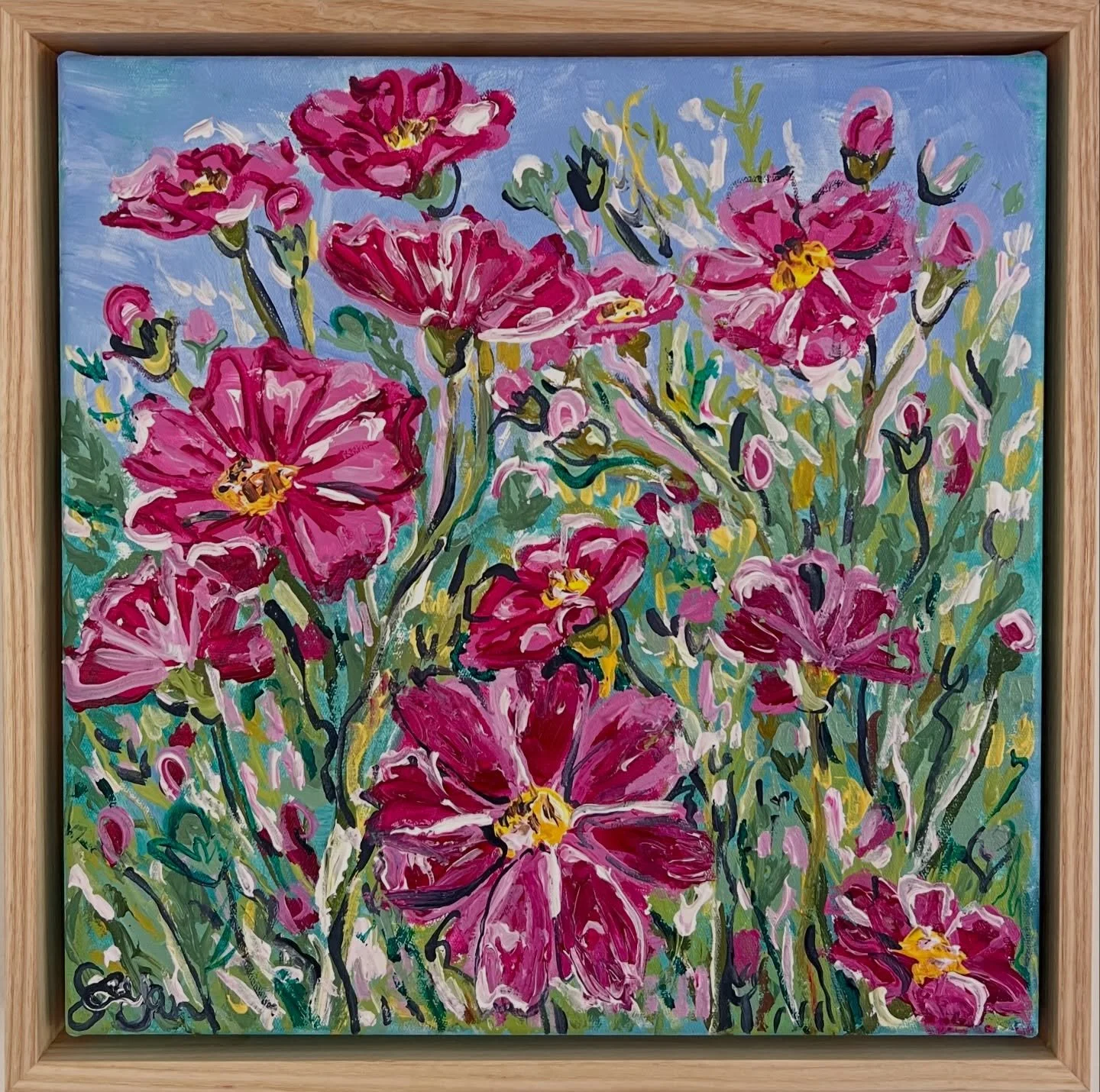 The sweetest little cosmos duo! 🌸 

The cosmos flowers dance across the canvas in an array of pinks and purples, joy in flower form as they sway in the breeze. Inspired by the abundance of flowers in my garden over the summer. 

Available @q_gallery