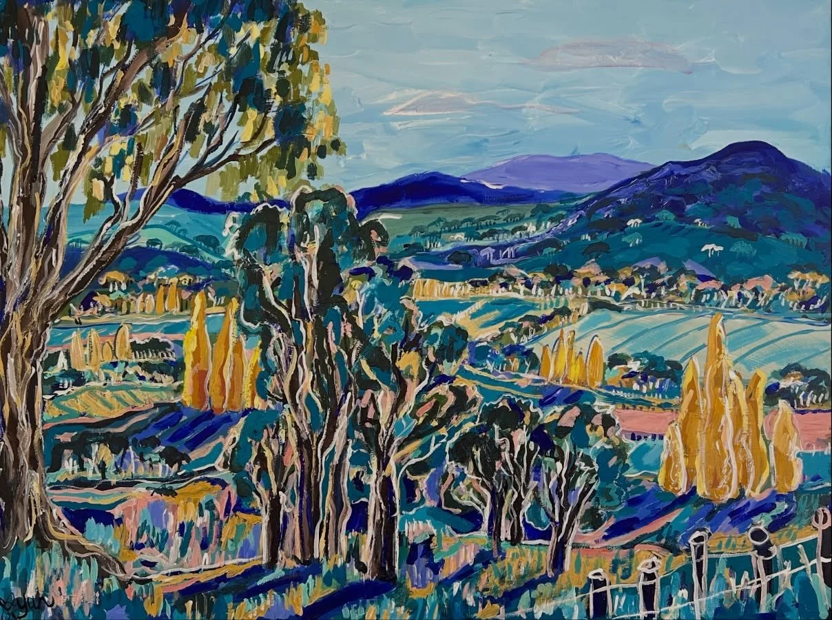Whispers of Autumn is available at Q Gallery, in the last week of the HORIZONS exhibition. 

In Whispers of Autumn, yellow poplar trees are dotted around the scene in a serenade of ultramarine blue, teal and yellow. I am always inspired by a crisp au