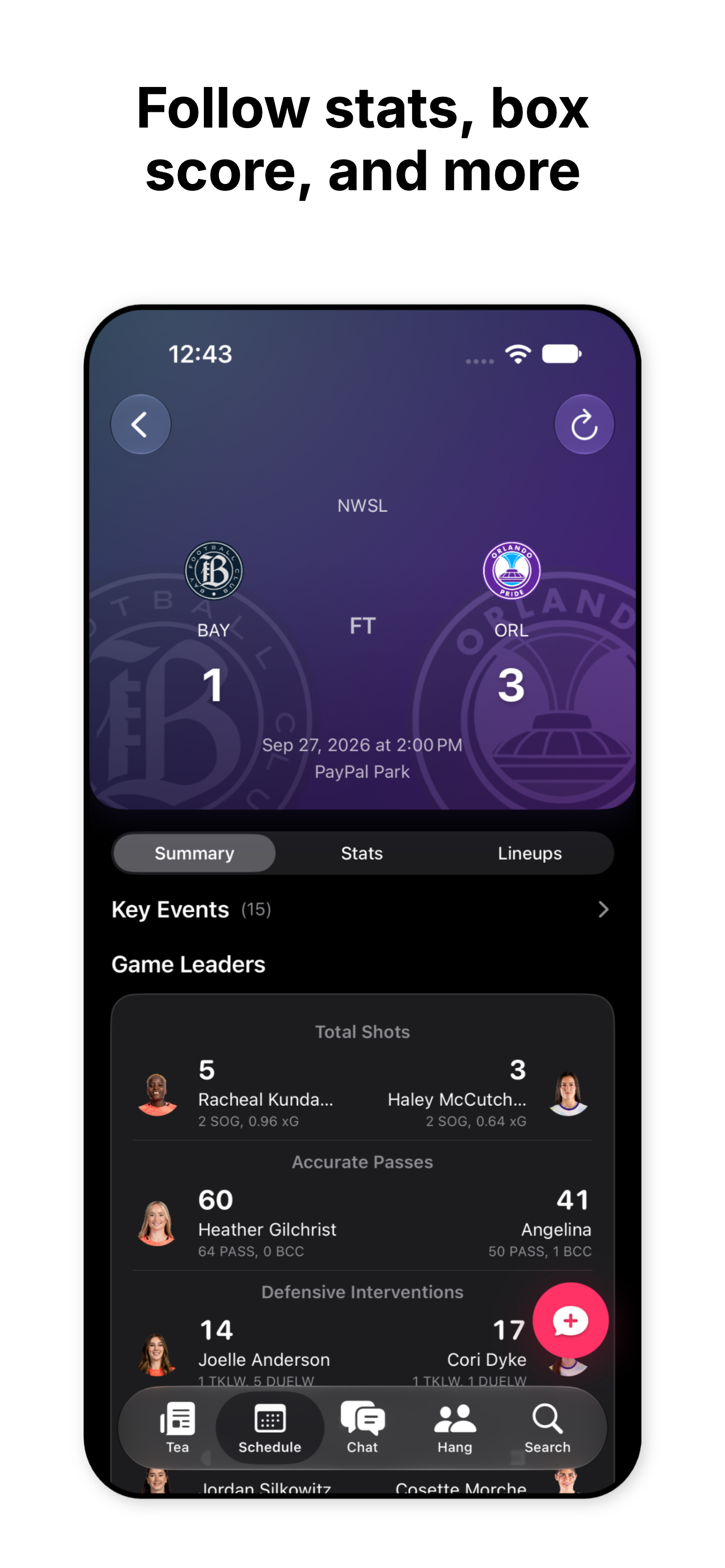 Mobile app screen displaying a soccer game score between Bay and Orlando on September 27, 2026, with Bay winning 1-3 at PayPal Park. Various stats, key events, and player information are shown below.