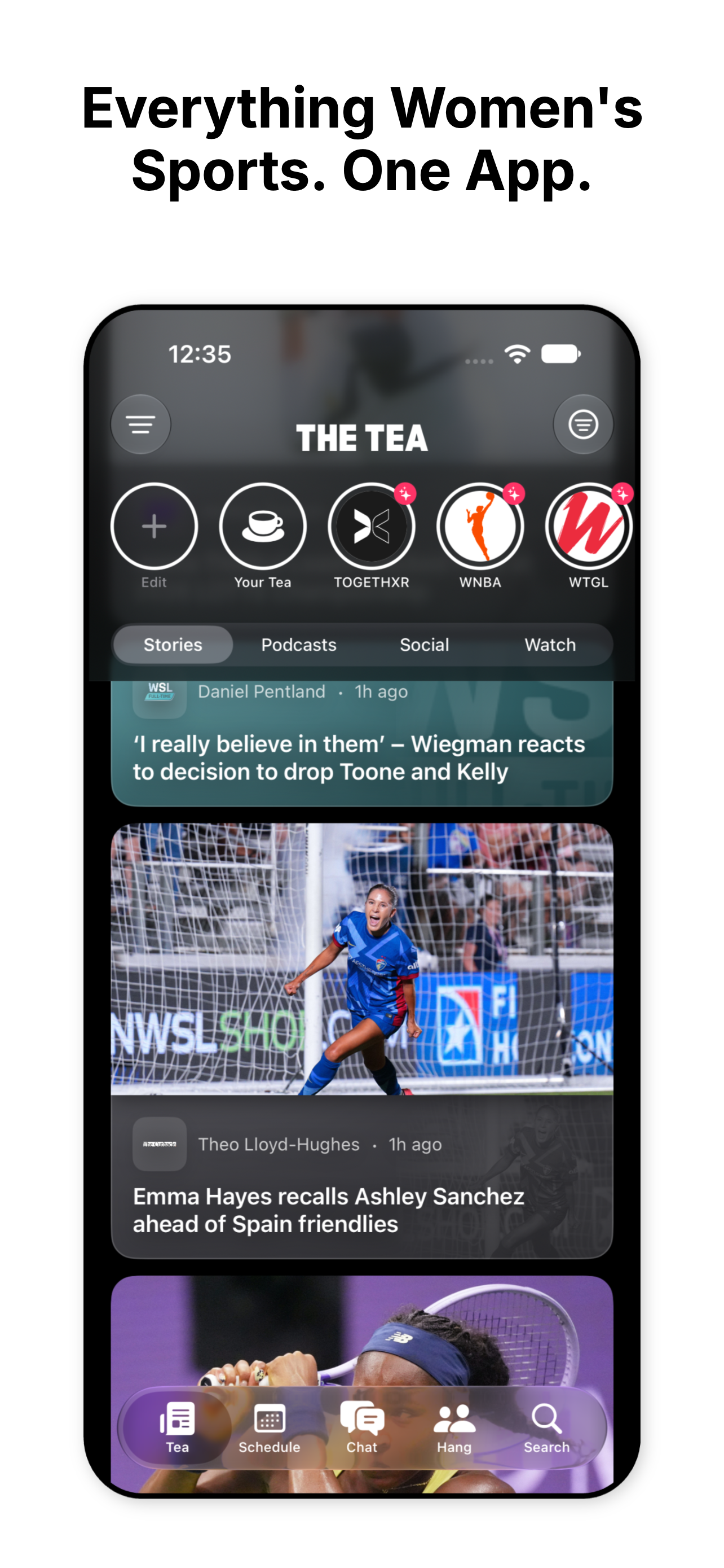 A mobile app interface featuring sports news and updates for women, with categories like stories, podcasts, social, and watch, and a highlighted story about a soccer player celebrating a goal.