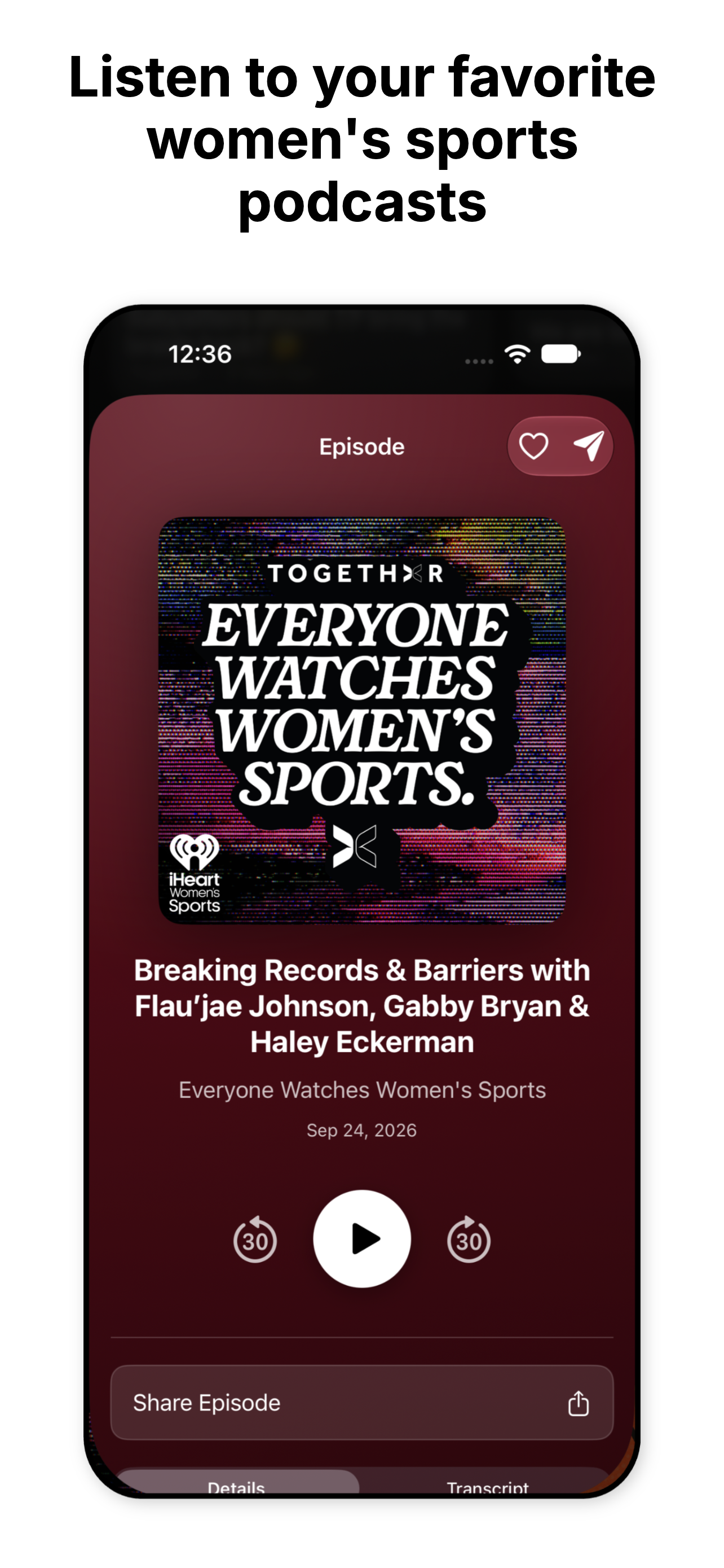 Podcast app screen featuring an episode titled "Breaking Records & Barriers with Flau'jae Johnson, Gabby Bryan & Haley Eckerman," dated September 24, 2026, with playback controls and share options.