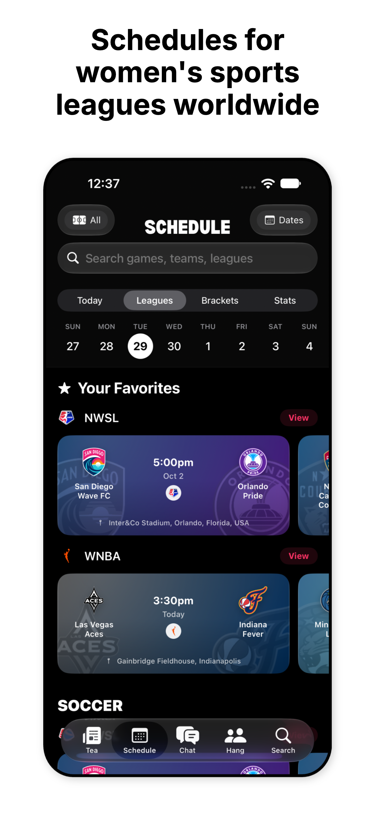Mobile app screen showing schedules for women's sports leagues, including soccer games for San Diego Wave FC and Orlando Pride, with navigation options at the bottom.