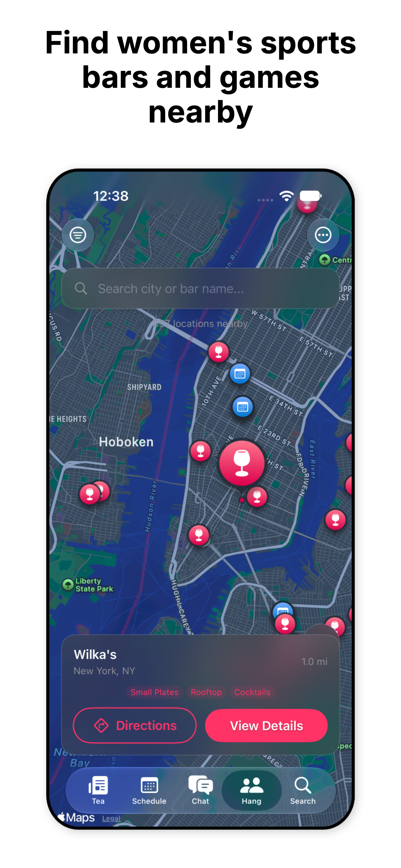 Map interface showing women's sports bars and games nearby in Hoboken, New York with search bar, marker icons, and bottom navigation menu.