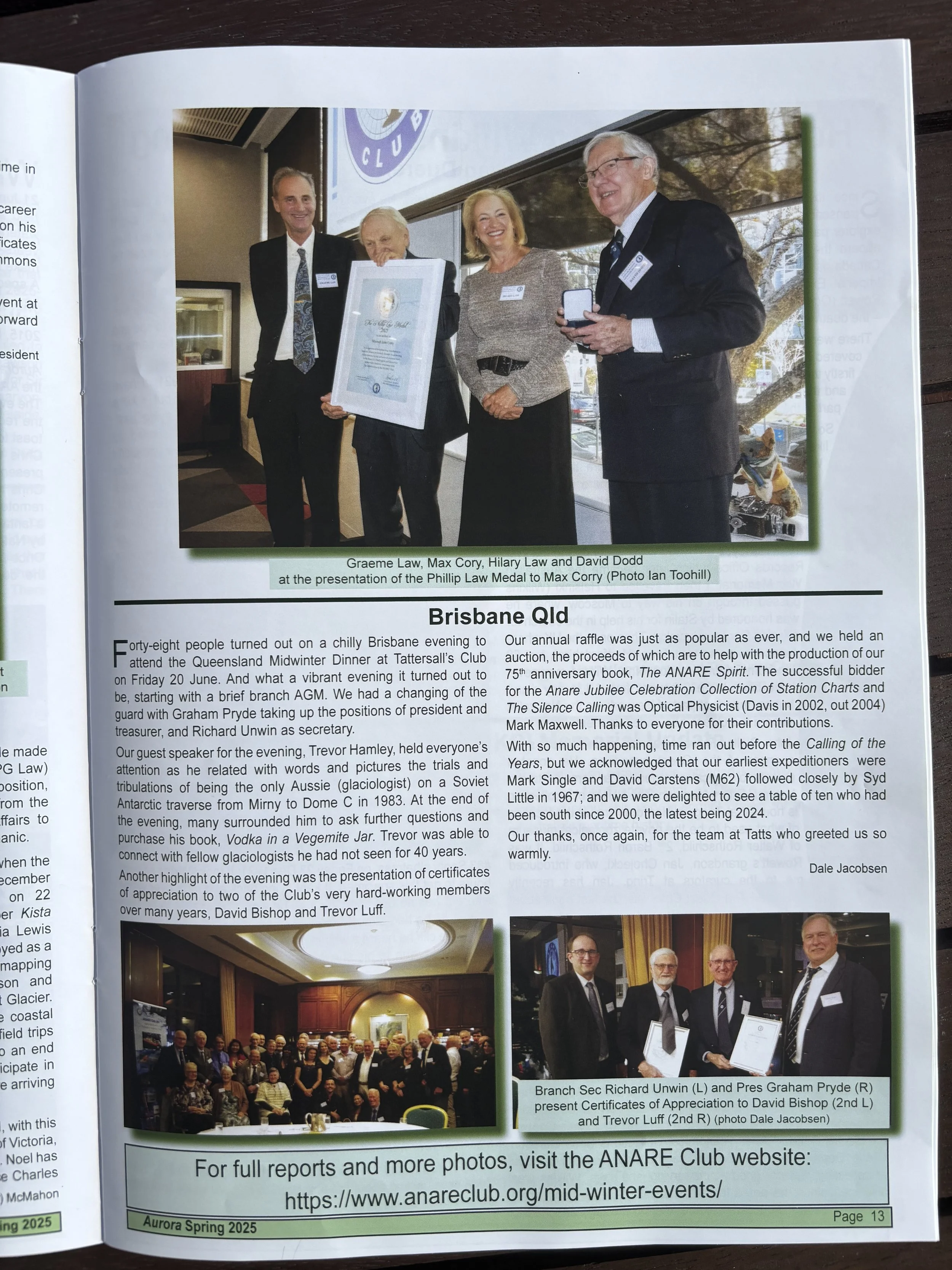 Aurora Spring 2025 featured ANARE QLD midwinter dinner and guest speaker/author of Vodka in a Vegemite Jar.