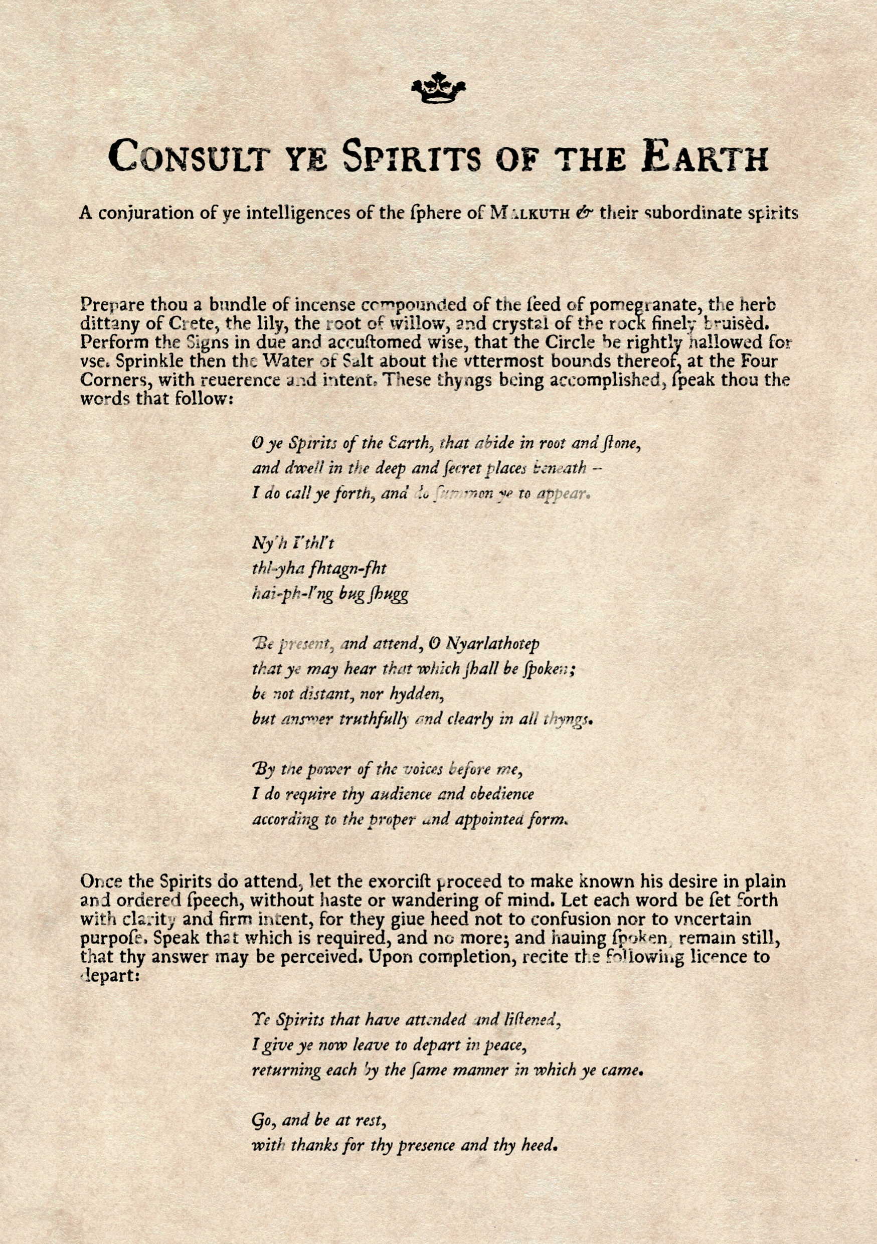 Manuscript page 2: Consult ye Spirits of the Earth. Written and designed by Taylor.
