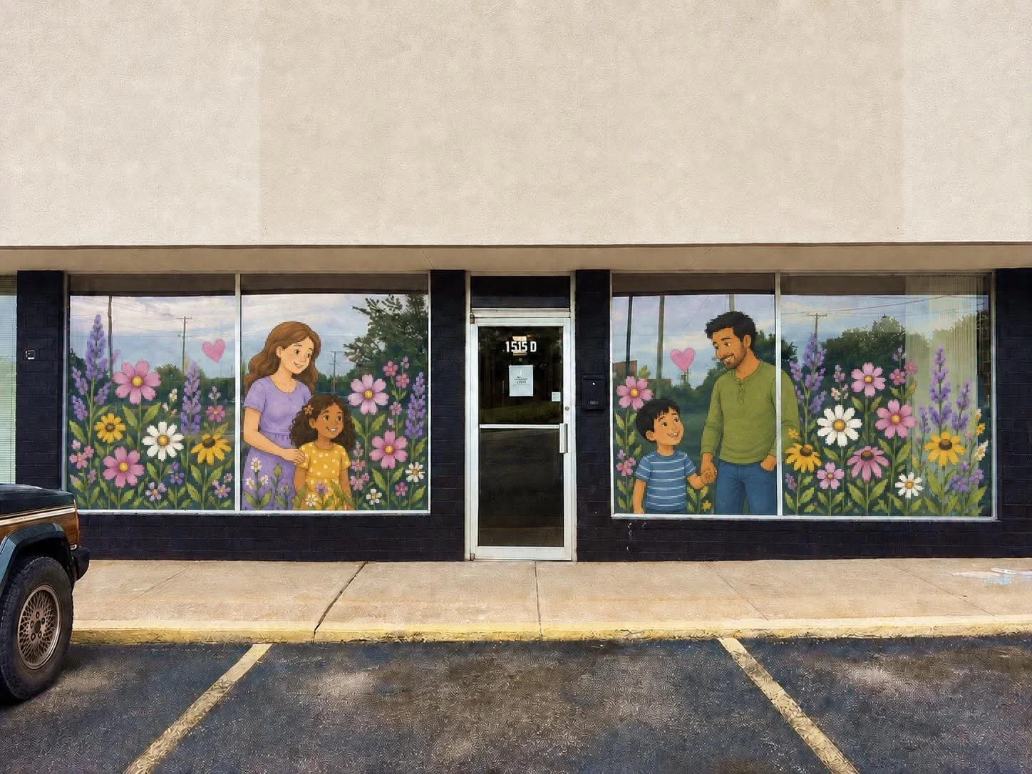 Murals of a family of four, a mother, father, and two children, in a field of colorful flowers on large window murals outside a building.