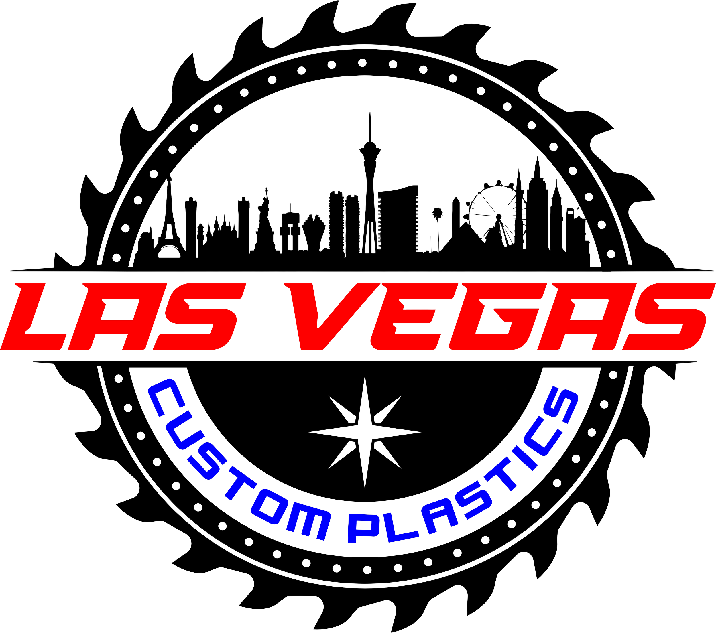 Outline logo of Las Vegas with a circular saw blade border, featuring a skyline silhouette including the Stratosphere Tower and a Ferris wheel, with the text "Las Vegas" in red and "Electric" in blue below.