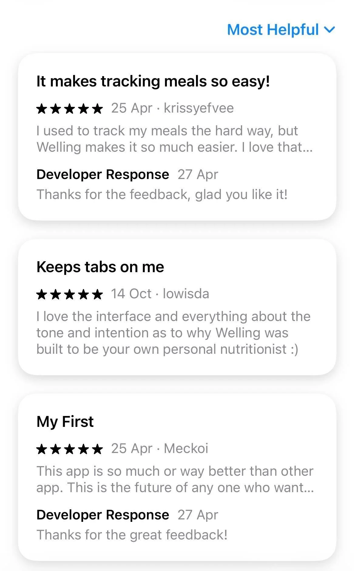 Screenshot of app reviews with comments praising the ease of meal tracking, interface, and overall app performance, with developer responses.