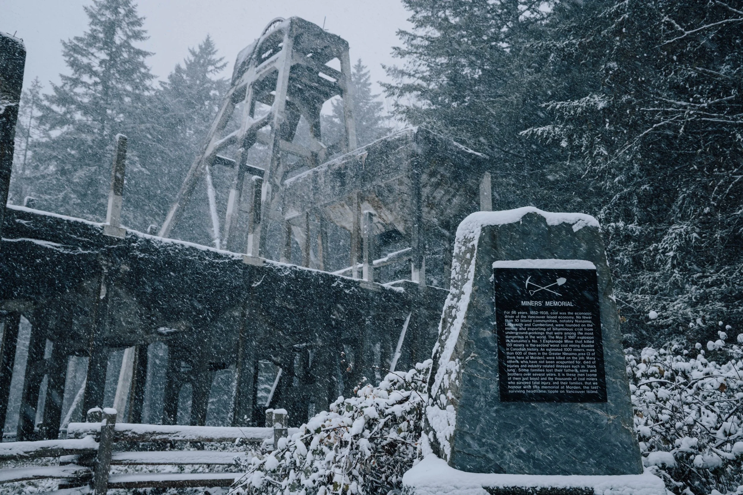 Morden Mine during a winter snow storm, Vancouver Island BC