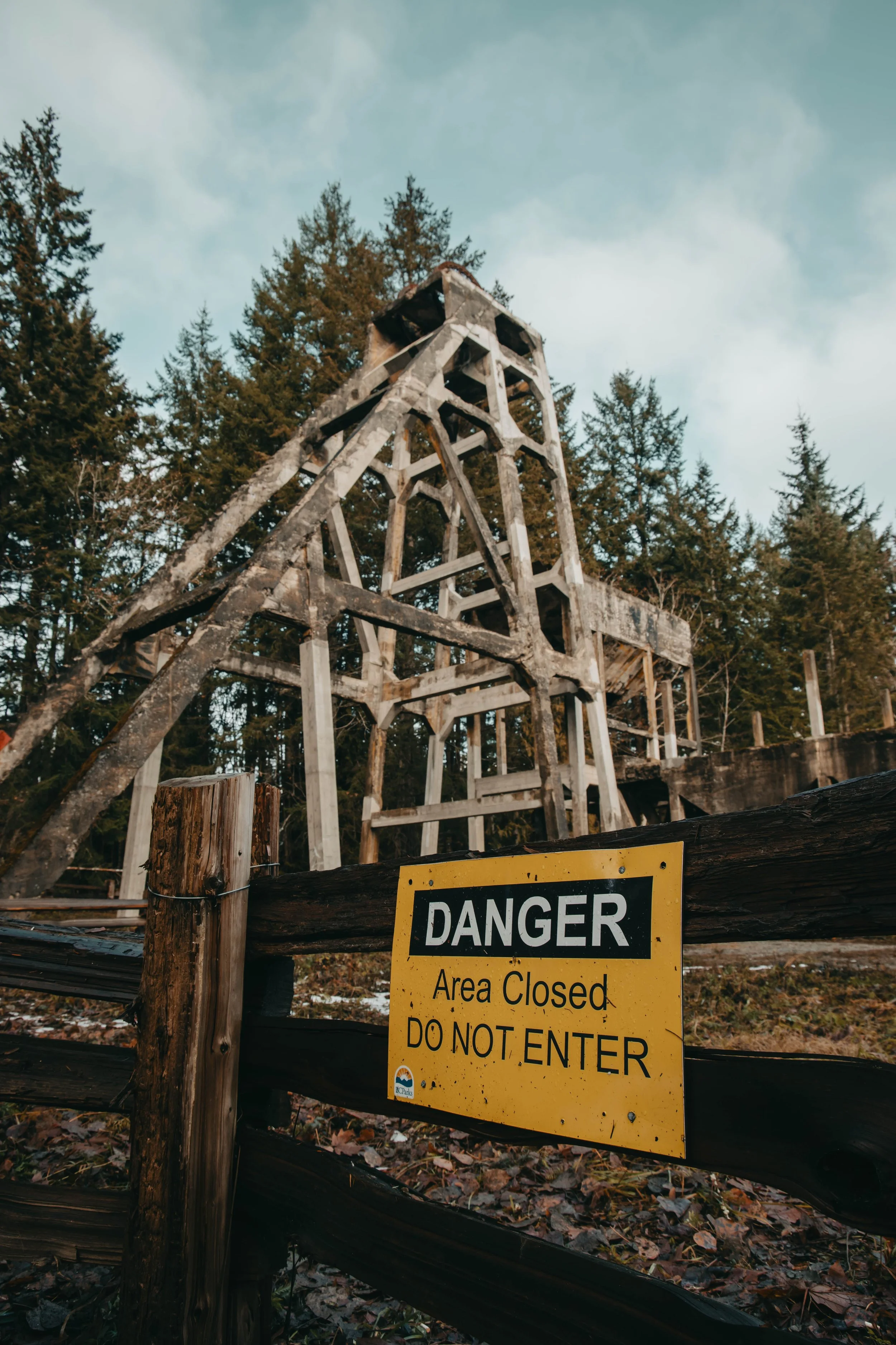 Morden Colliery Historic Provincial Park concrete headframe with a yellow Danger Do Not Enter sign