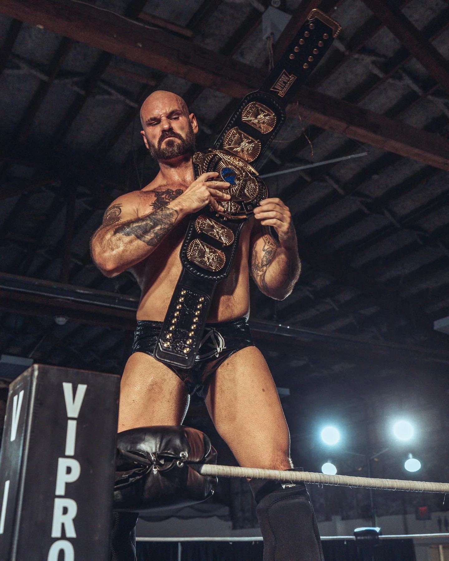 Last night in Nanaimo Scott Steel dropped the VIPW Heavyweight Title to Bad Man McCann. The old belt, defaced and disrespected by the Cordova Corporation, was officially retired. Instead, McCann was awarded this beautiful brand new Winged Eagle champ