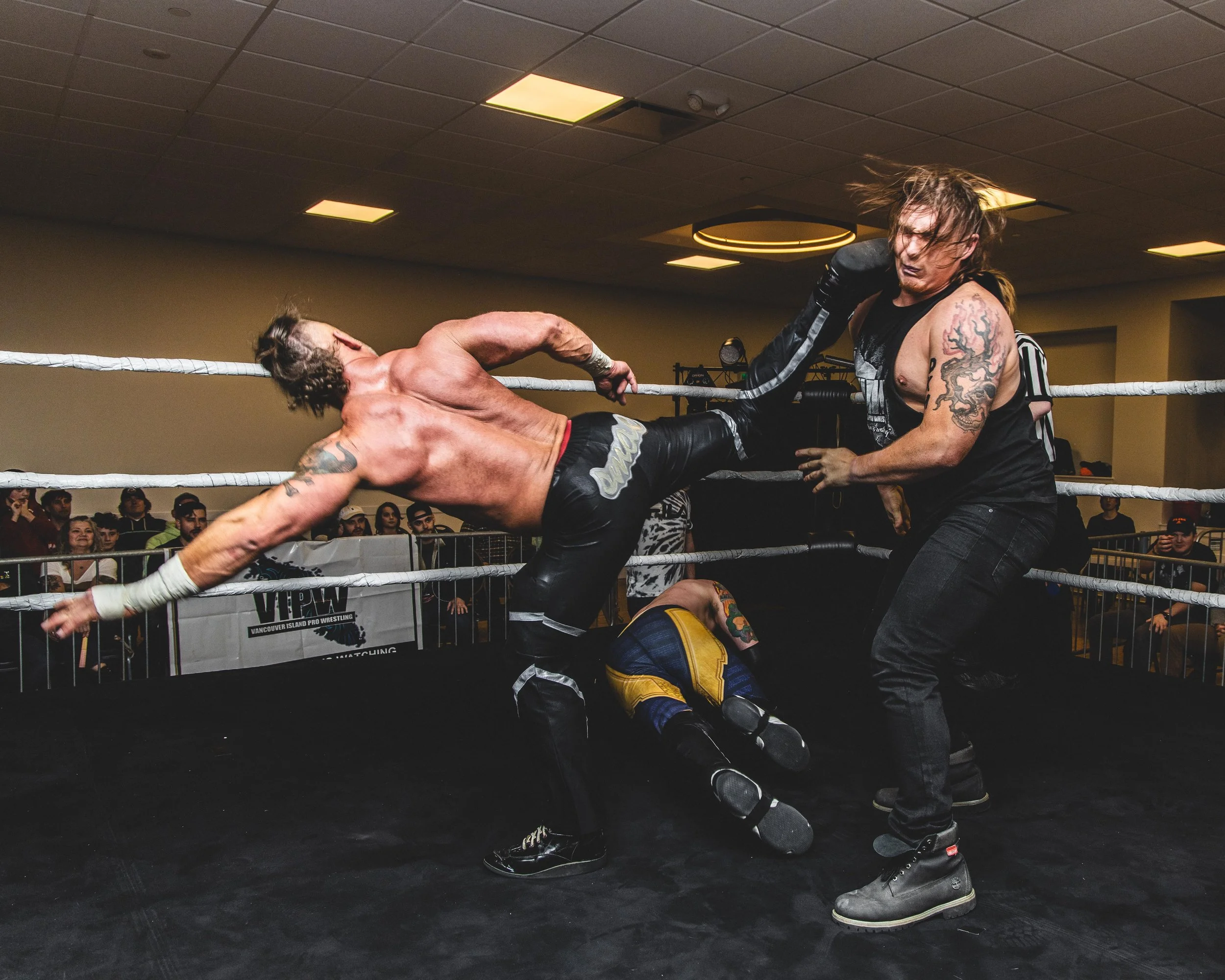 Scotty Mac lays a beautiful super kick to the face of the Hillbilly Hounddog Drayco - Vancouver Island Pro Wrestling, Dylan Phillips Photography