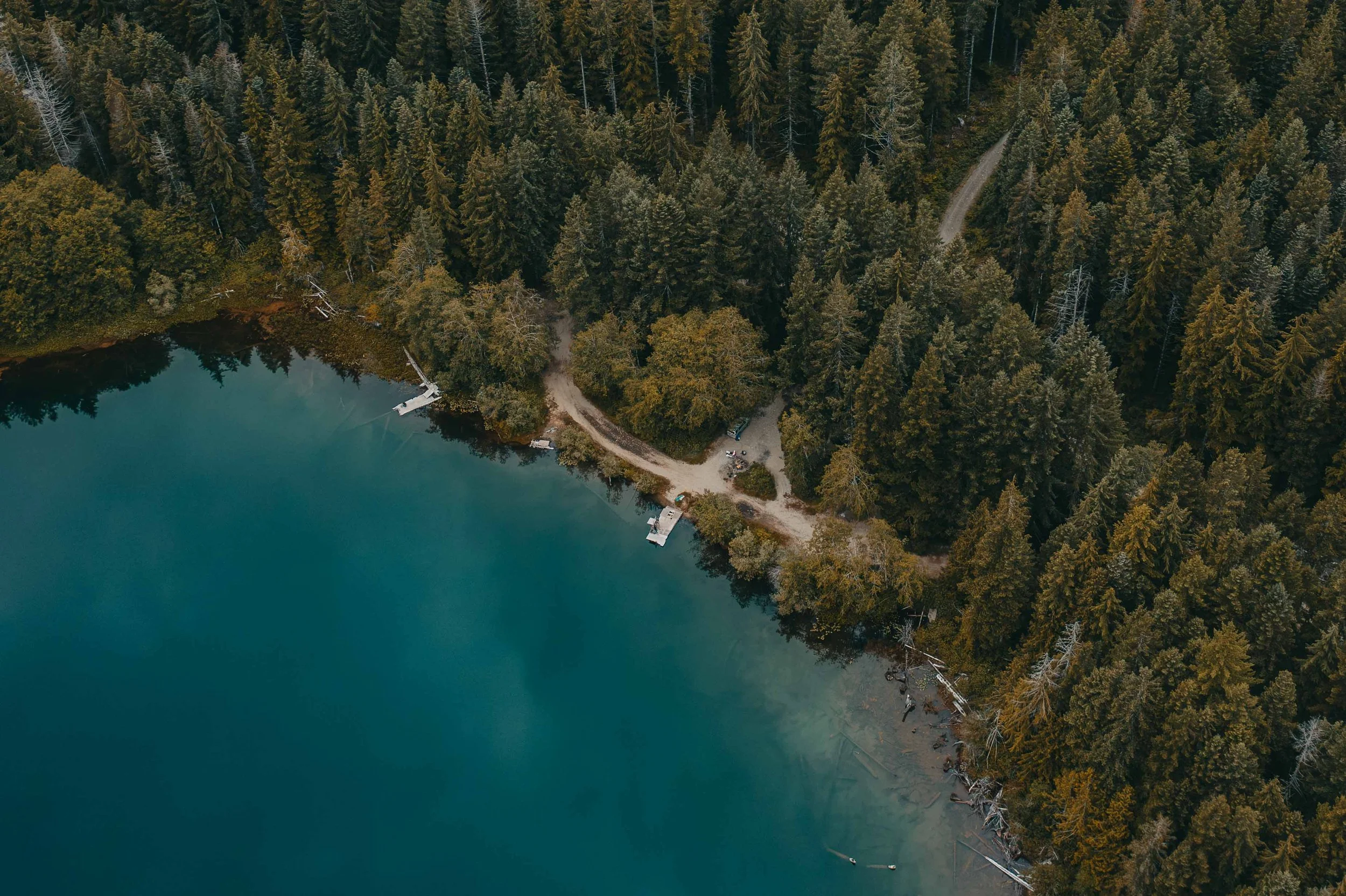 aerial photograph of a blue backcountry lake and campsites on the shore among tall green trees