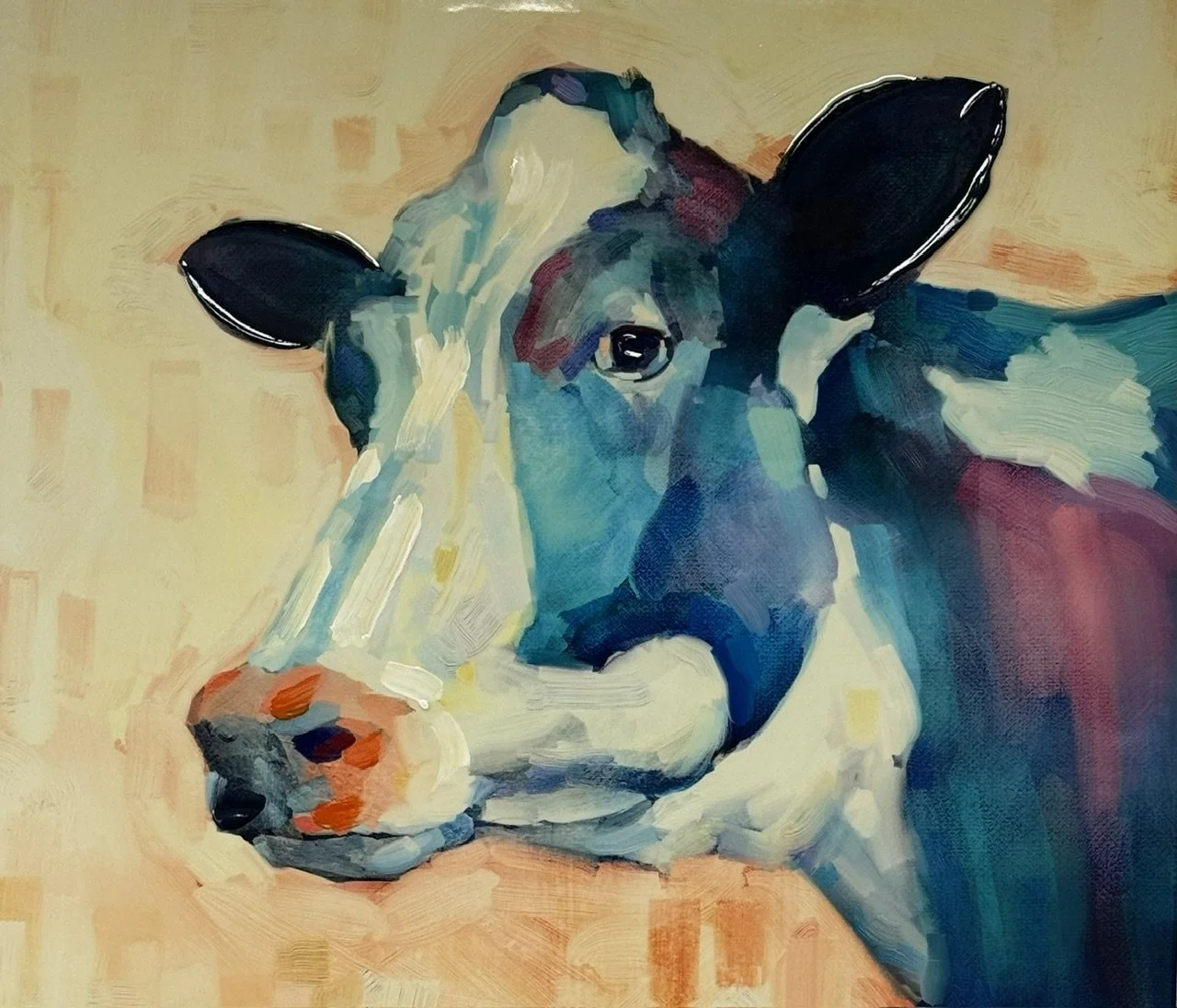 A colorful abstract painting of a sleeping dog with ears sticking up, resting its head on its paw.