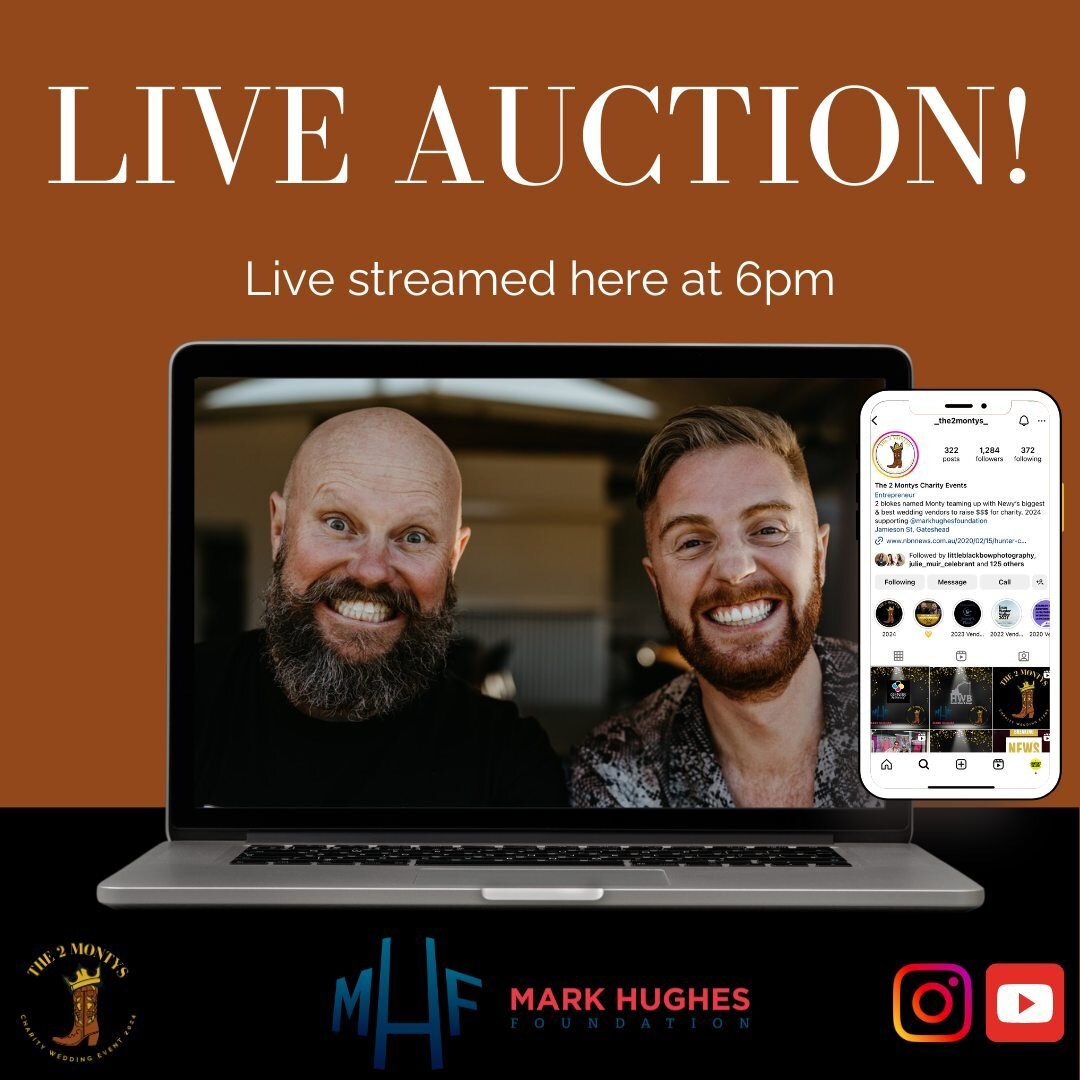 READY, SET, BID!

Live auction extravaganza happening tonight at 6pm on the 2 Monty&rsquo;s Instagram and YouTube channel. Tune in and join the action!

Insta: @_the2montys_
YouTube: https://youtube.com/@the2montyscharitywedding?si=mj1ixXoxWw459fQ_

