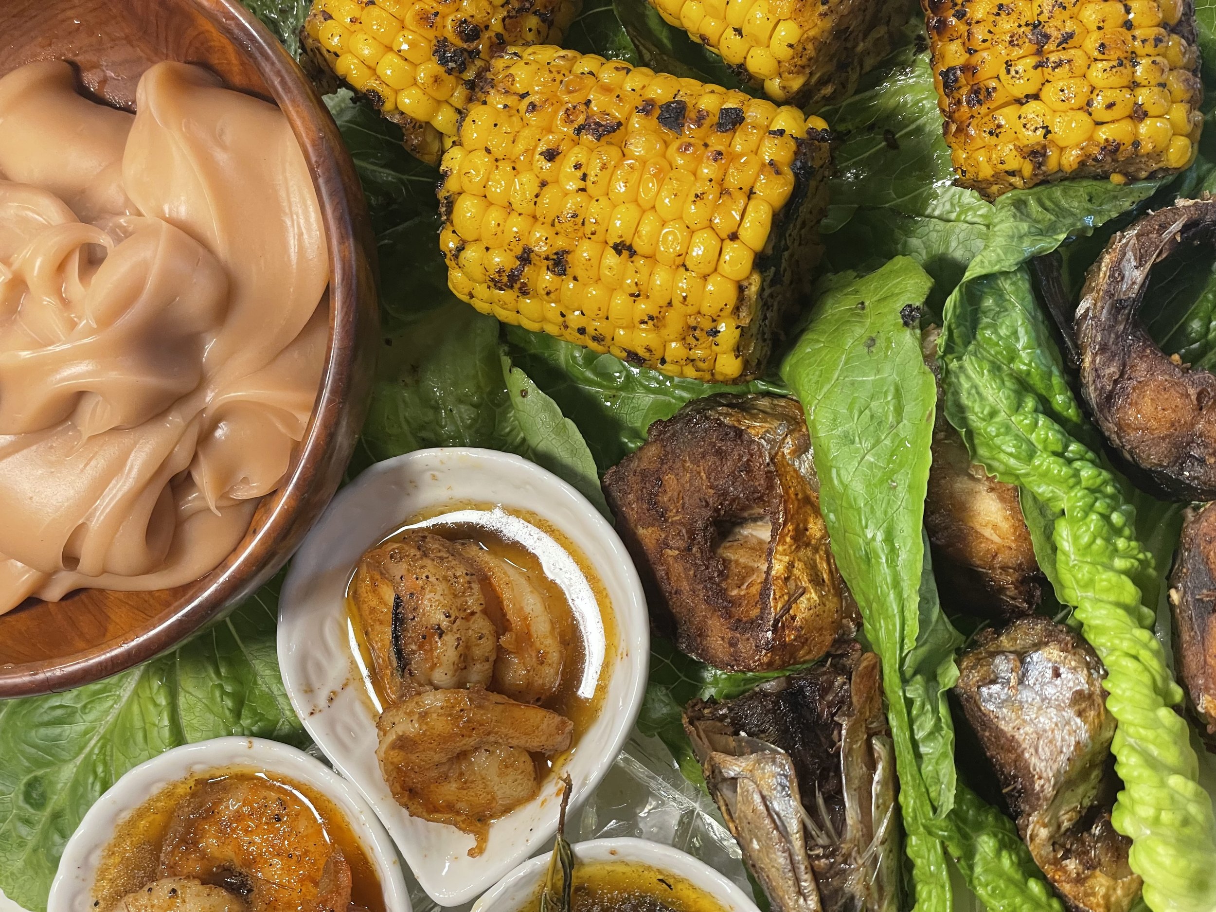 Pap, Grilled corn, Seasoned Shrimp and Fried Mackerel
