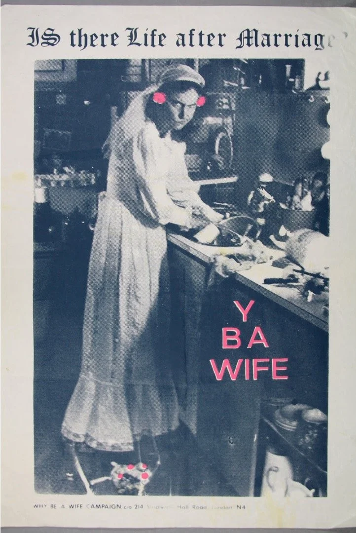 Feminist pamphlet image of woman washing up looking creepy. Text reads: Is there life after marriage?