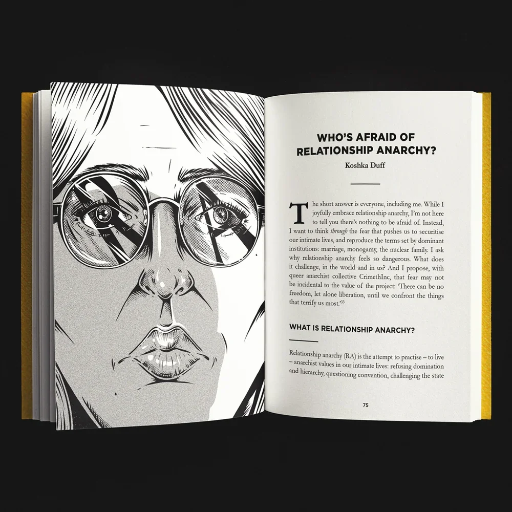 First page of text in Anarchisms book, including illustration, which shows person close up looking straight at viewer with the letters R A reflected in their glasses